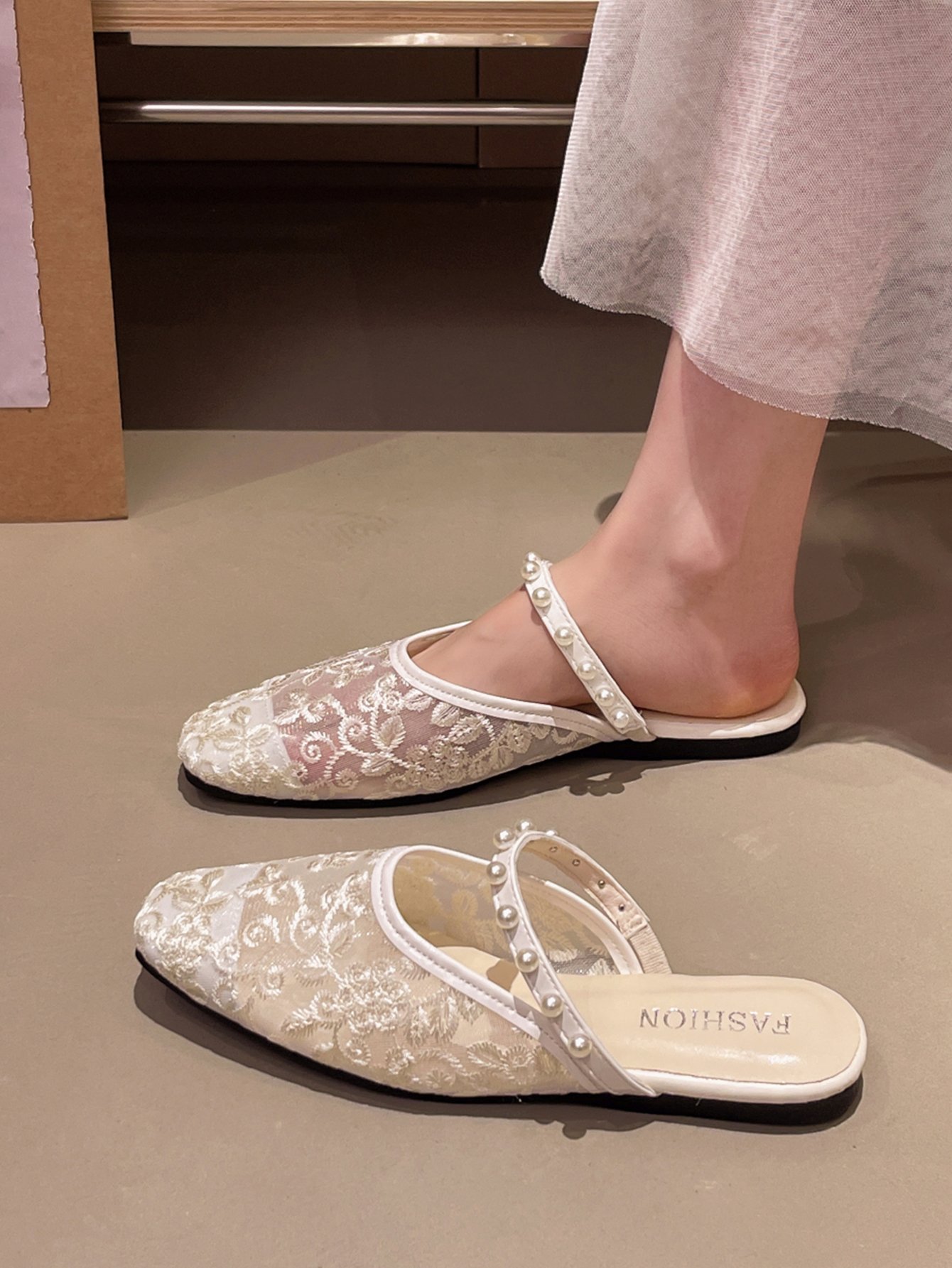 Beige Pearl Embroidered Flat Sandals for Women