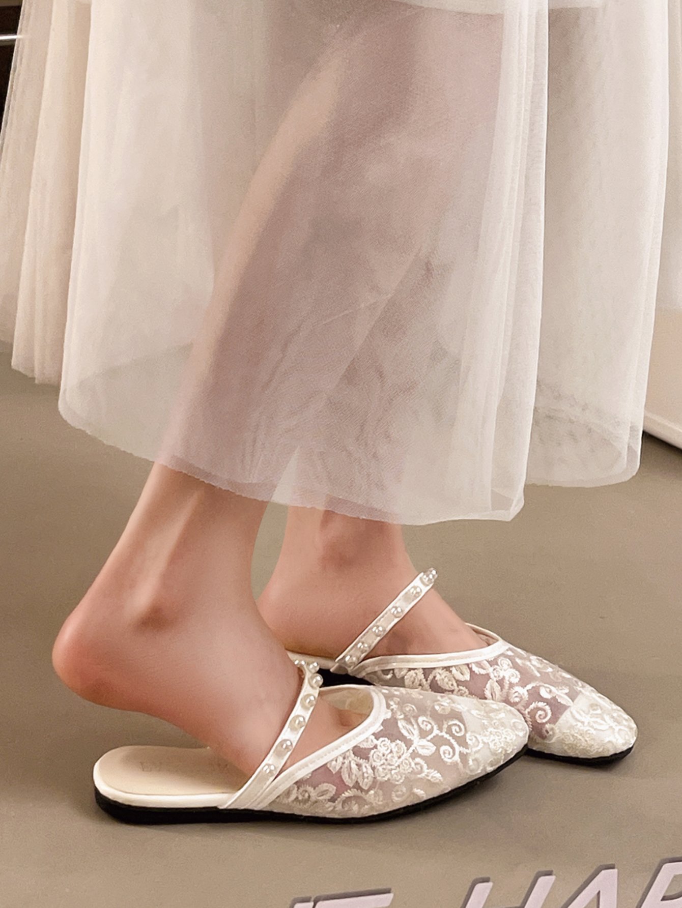 Beige Pearl Embroidered Flat Sandals for Women