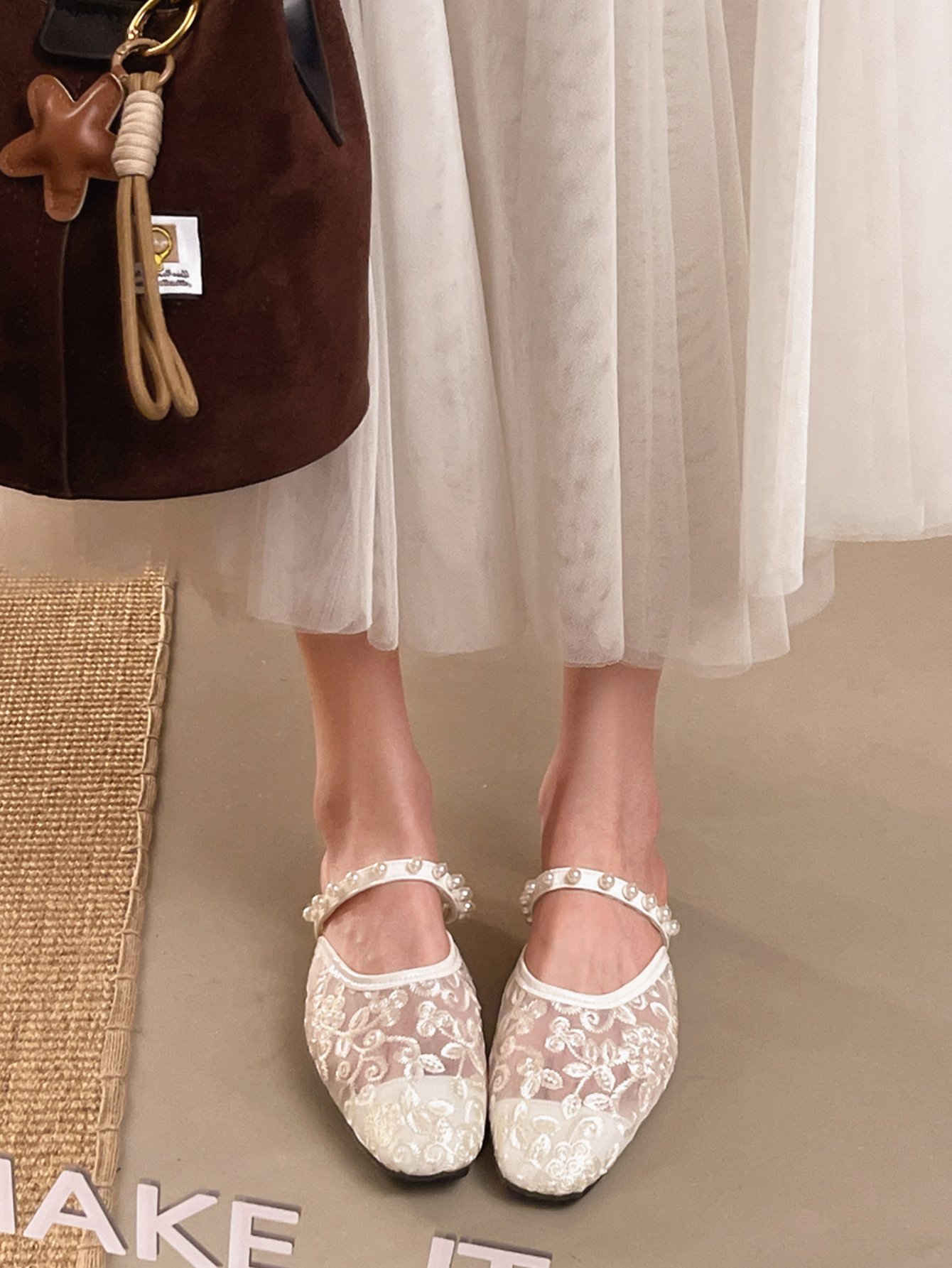Beige Pearl Embroidered Flat Sandals for Women