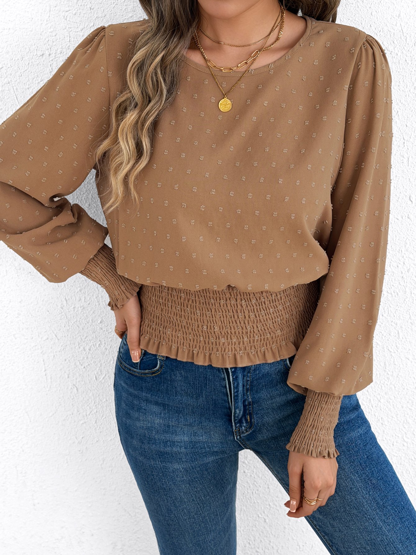 Beige Dotted Shirred Blouse