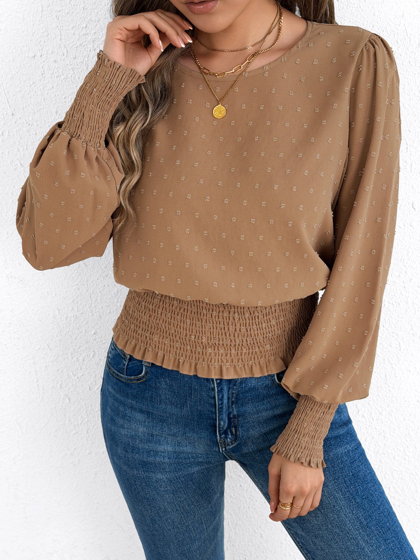 Beige Dotted Shirred Blouse