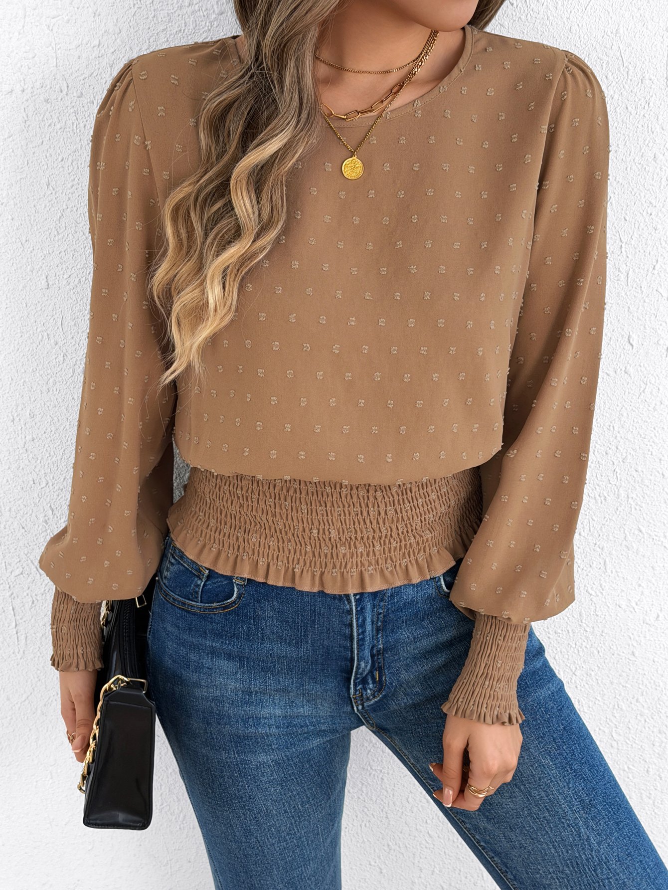 Beige Dotted Shirred Blouse