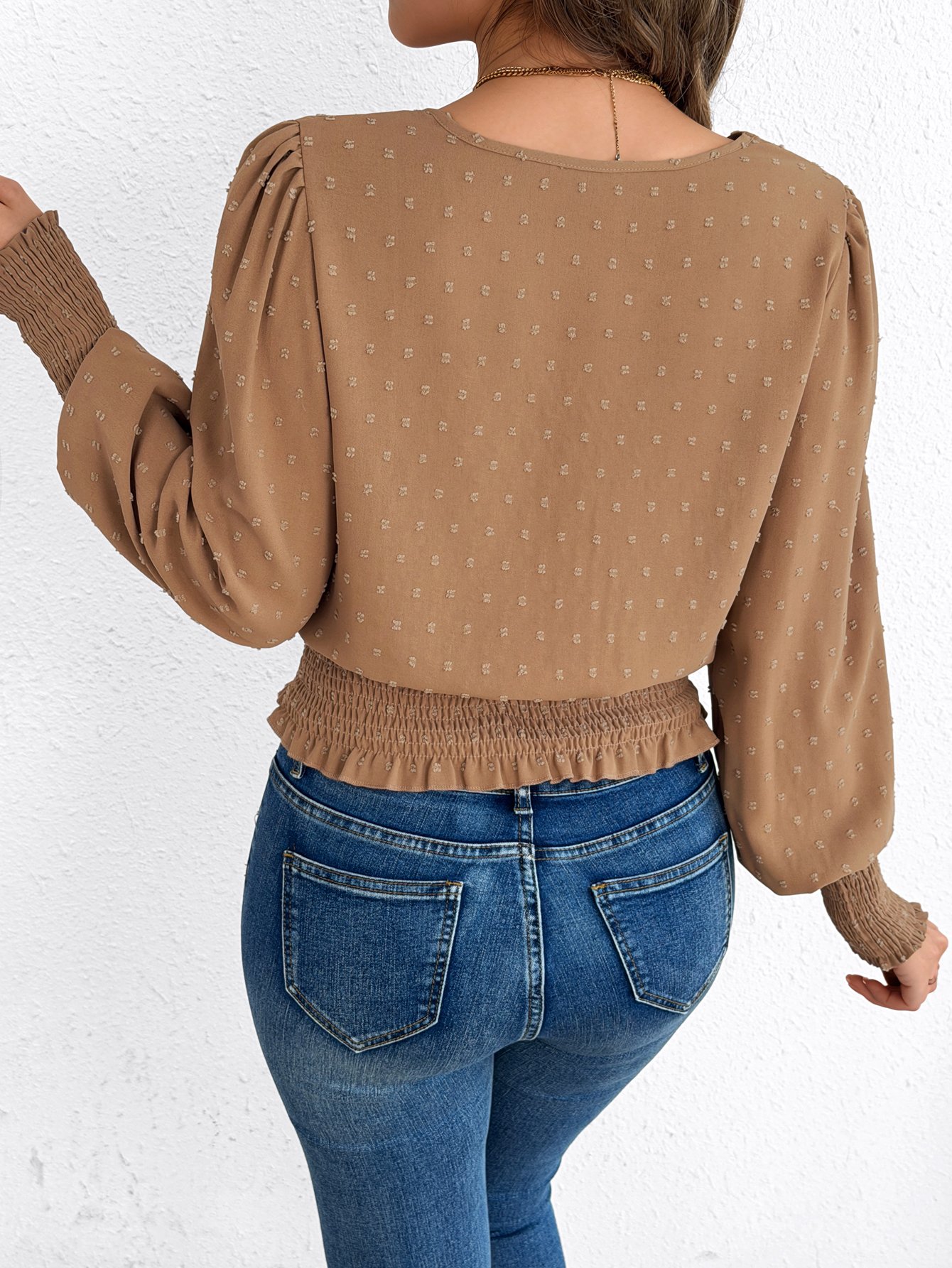 Beige Dotted Shirred Blouse