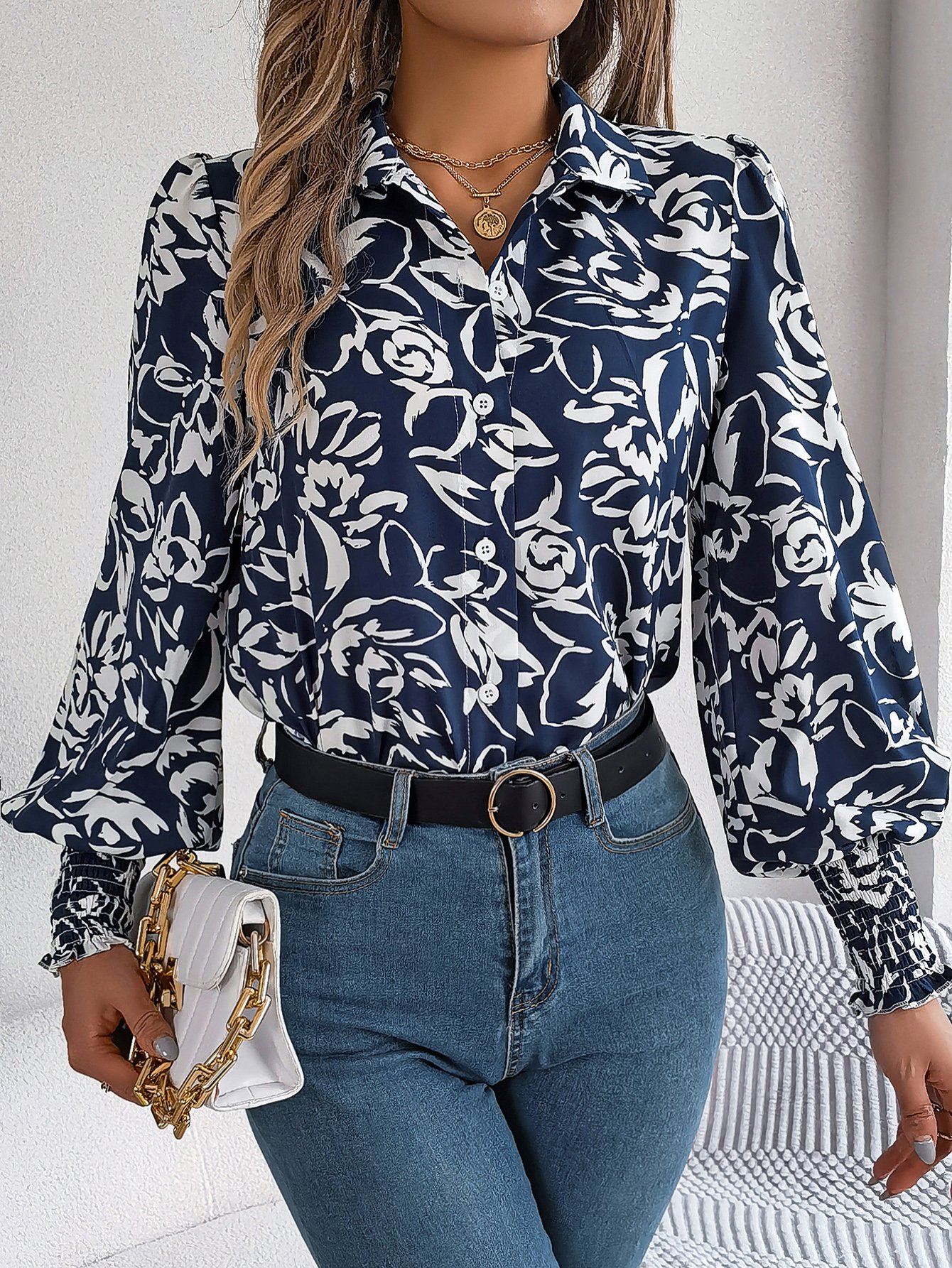 Navy Blue Floral Print Long Sleeve Shirt