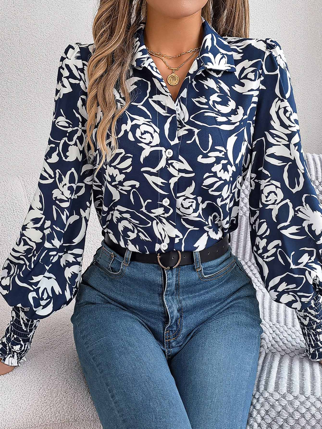 Navy Blue Floral Print Long Sleeve Shirt