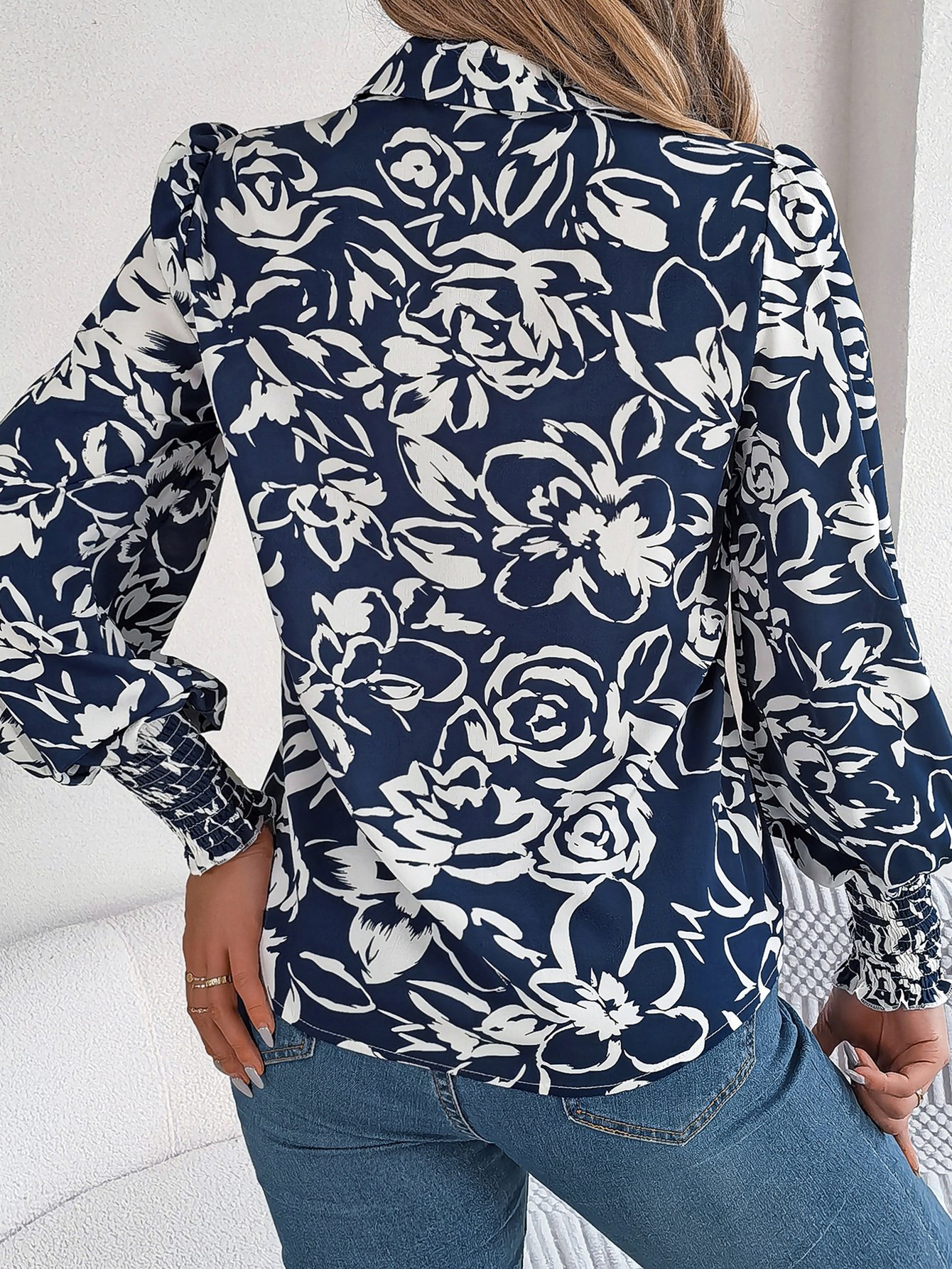 Navy Blue Floral Print Long Sleeve Shirt