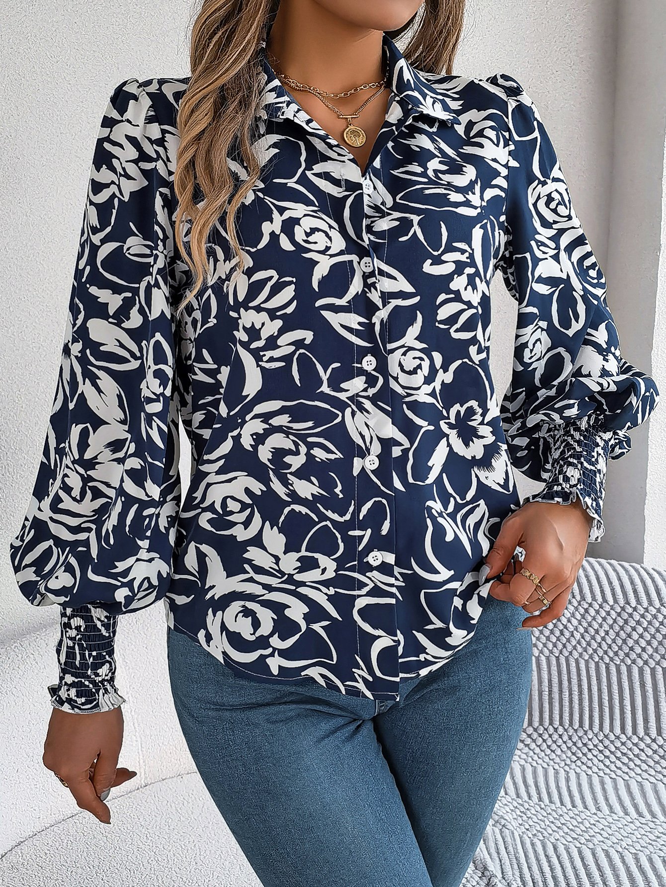 Navy Blue Floral Print Long Sleeve Shirt