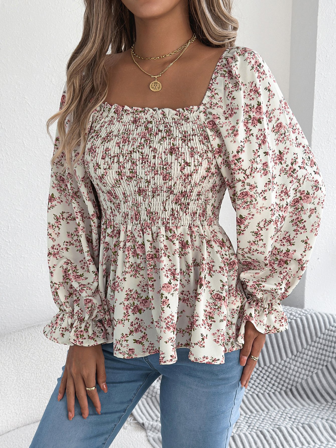 White Floral Long Sleeve Shirred Peplum Blouse