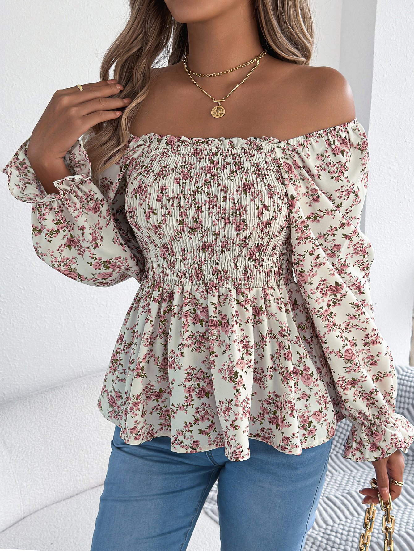 White Floral Long Sleeve Shirred Peplum Blouse