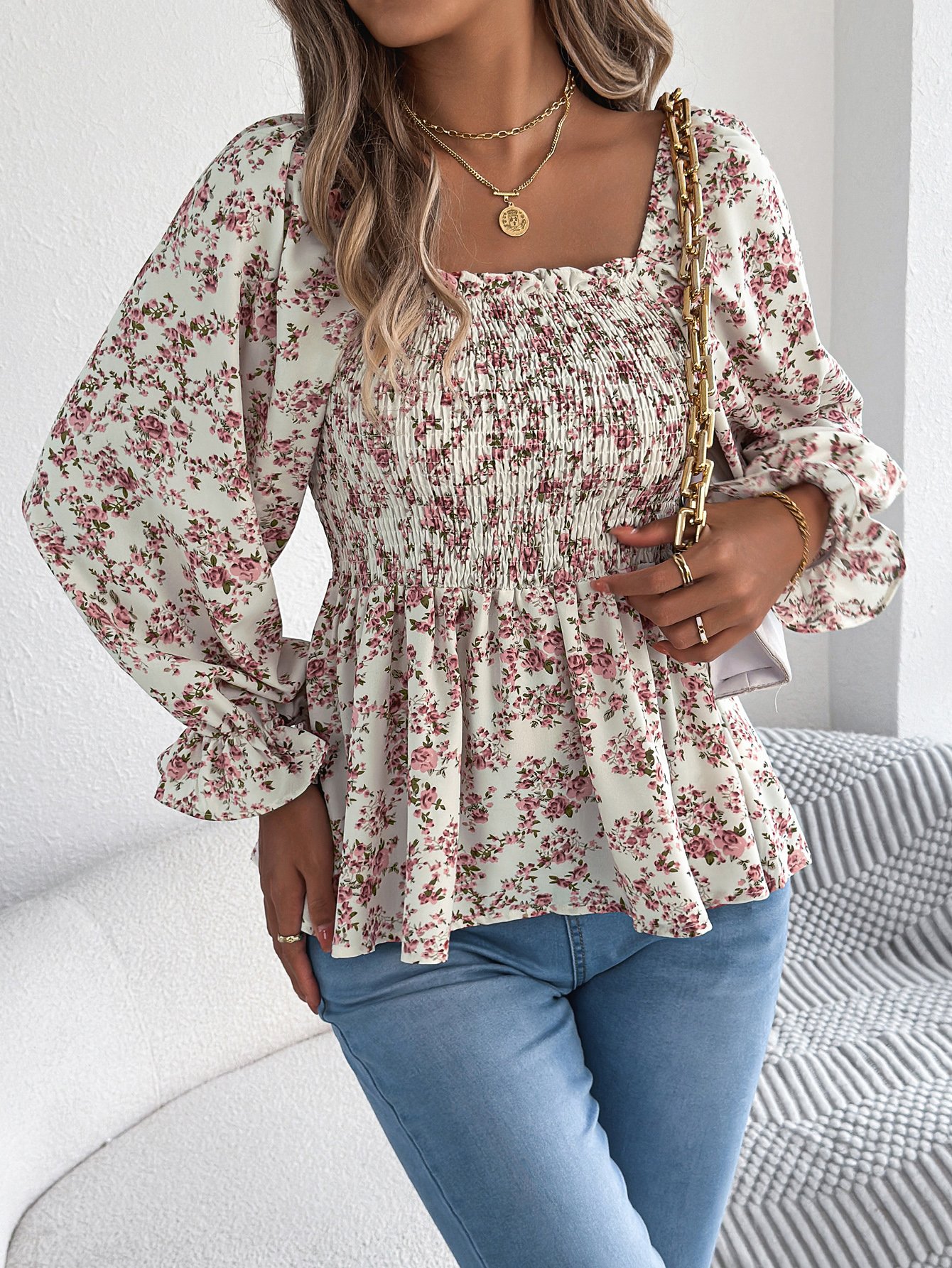 White Floral Long Sleeve Shirred Peplum Blouse