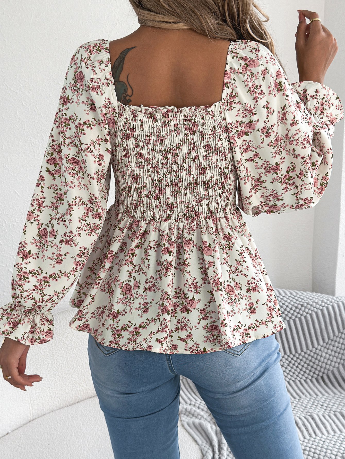 White Floral Long Sleeve Shirred Peplum Blouse