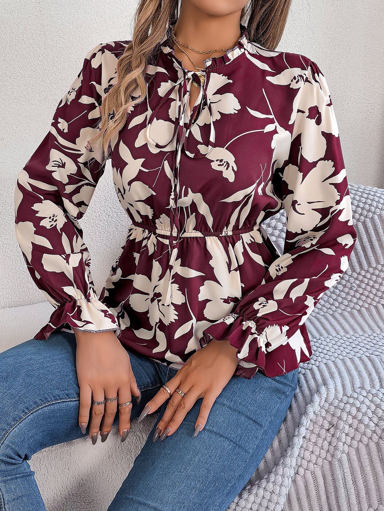 Floral Print Long Sleeve Blouse with Tie-Neck