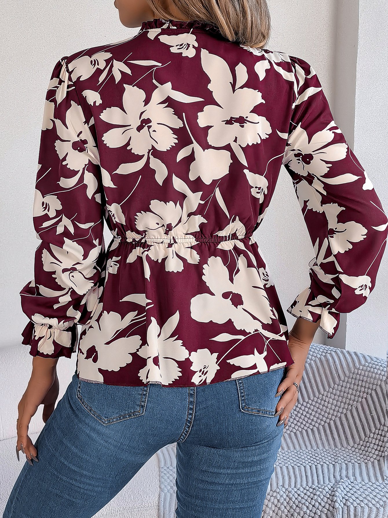 Floral Print Long Sleeve Blouse with Tie-Neck