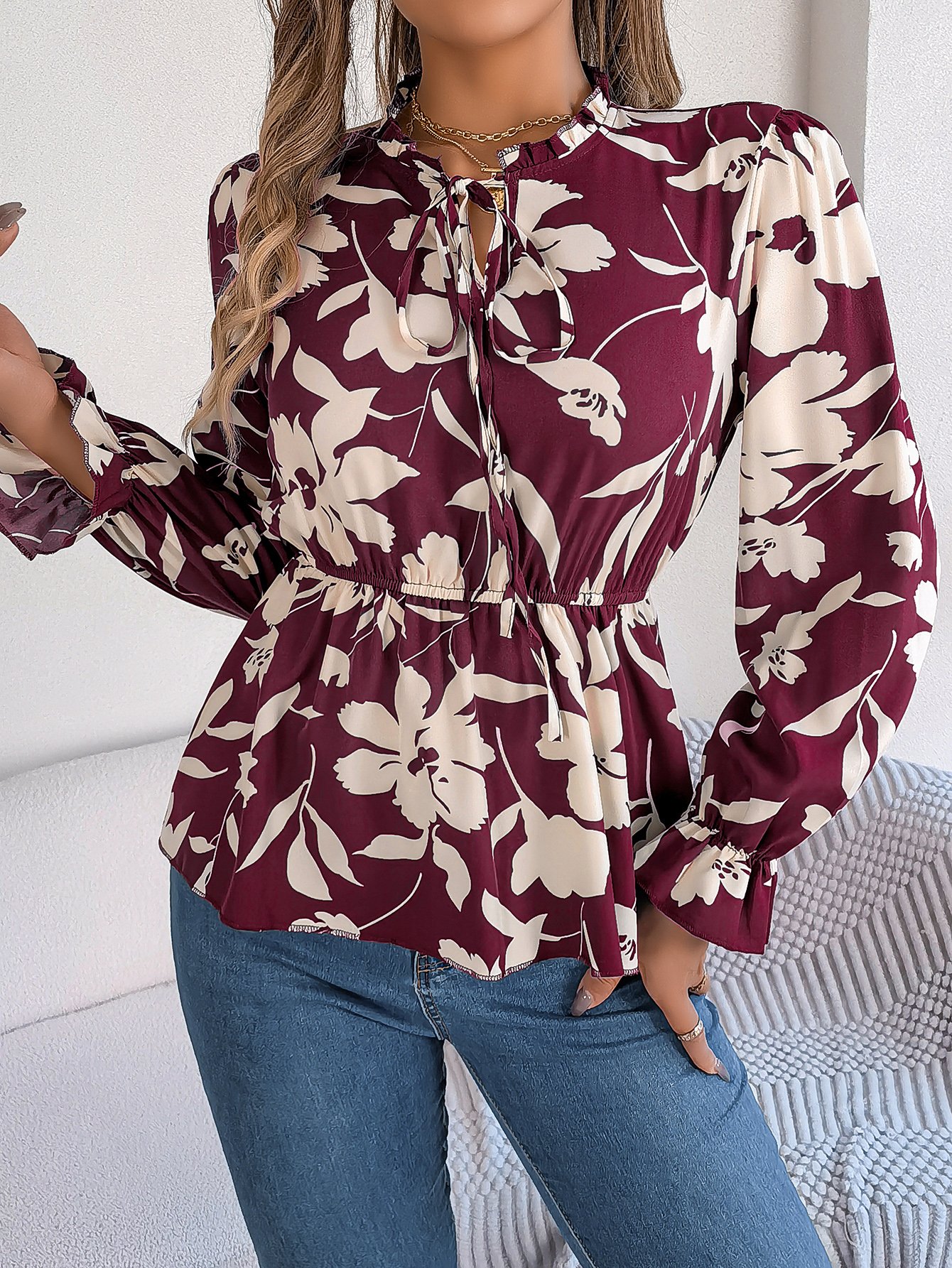 Floral Print Long Sleeve Blouse with Tie-Neck