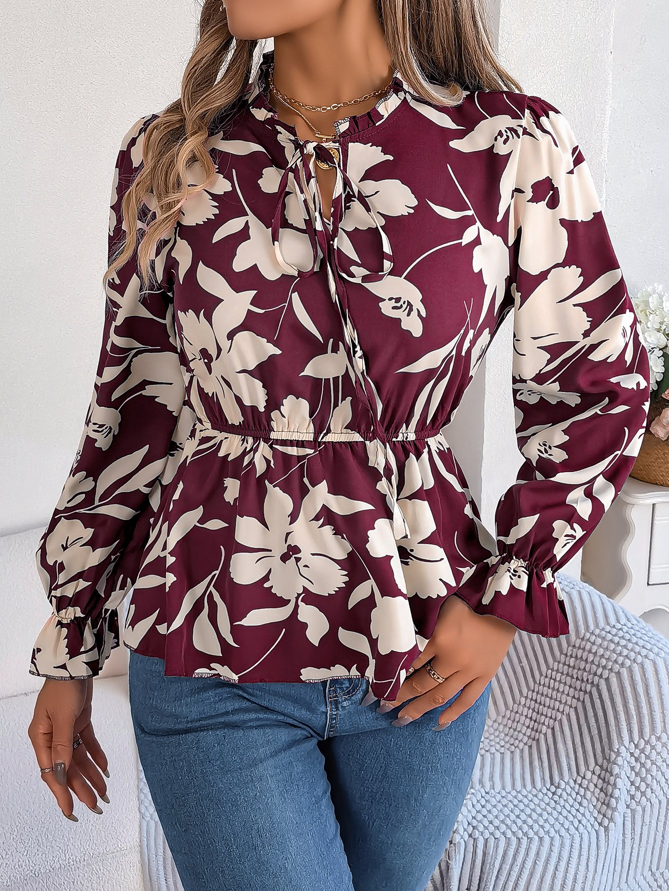 Floral Print Long Sleeve Blouse with Tie-Neck