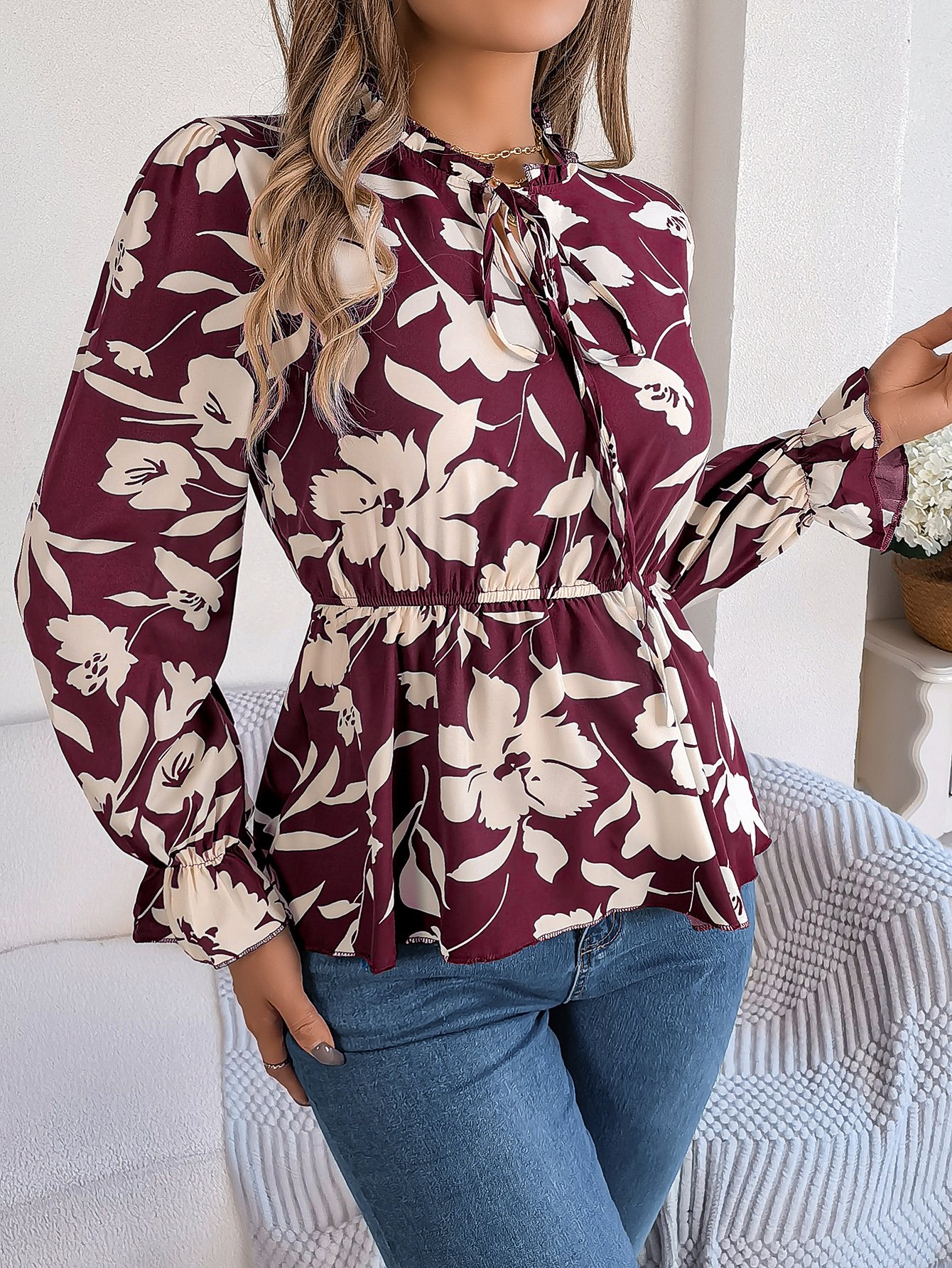 Floral Print Long Sleeve Blouse with Tie-Neck