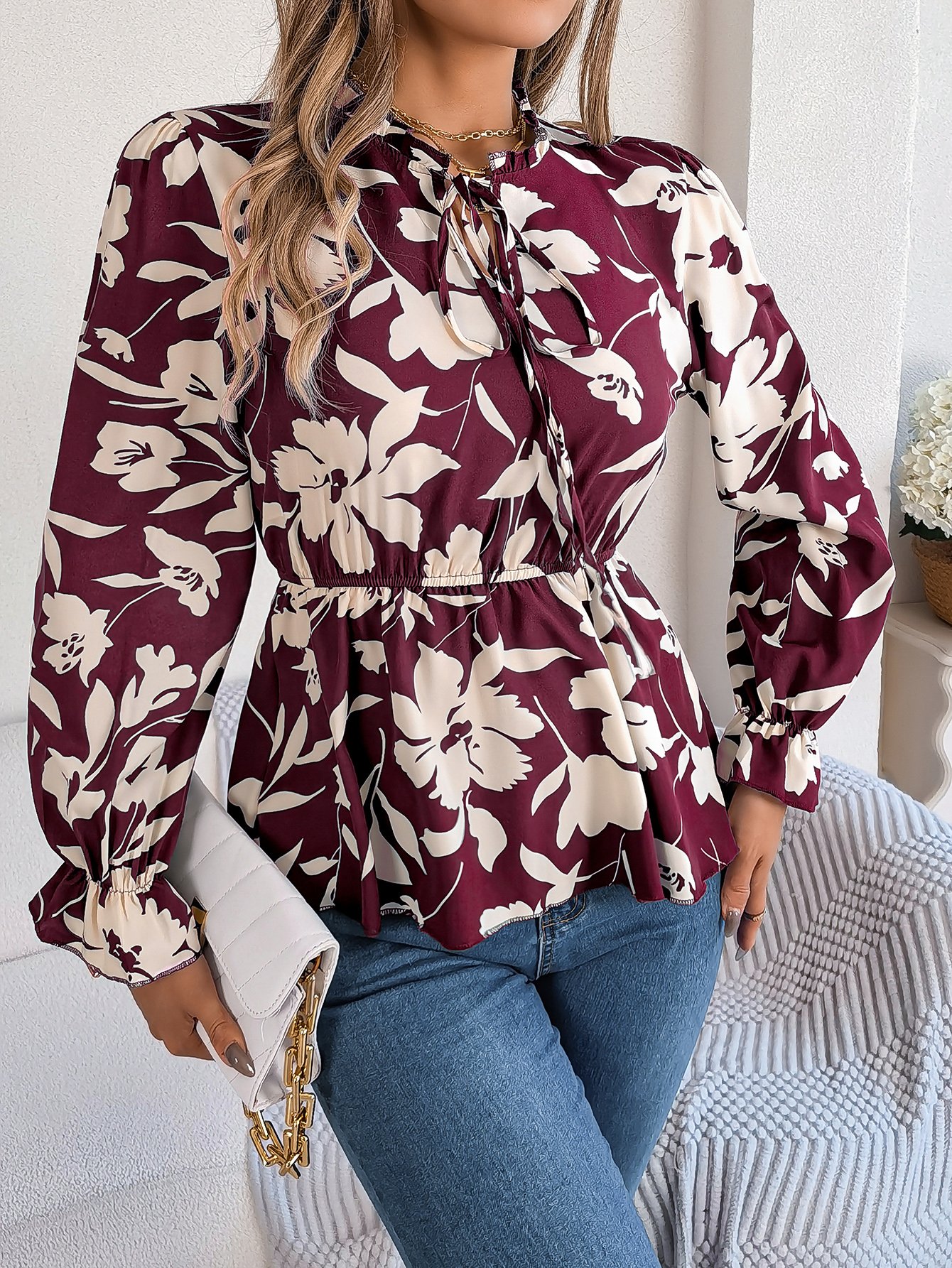Floral Print Long Sleeve Blouse with Tie-Neck