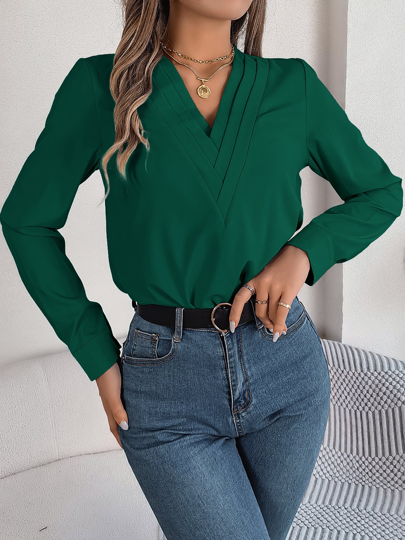 Dark Green V-Neck Long Sleeve Shirt