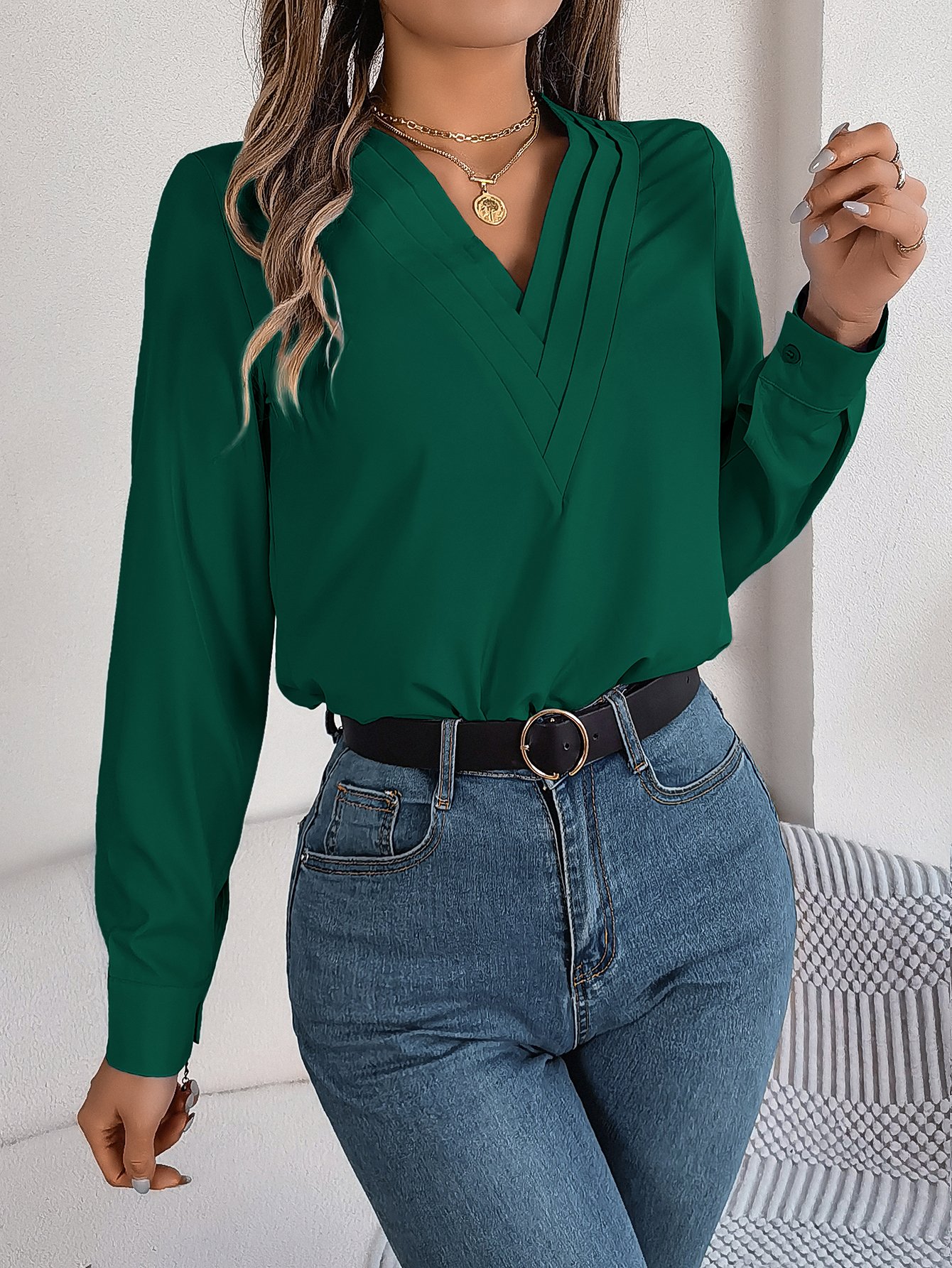 Dark Green V-Neck Long Sleeve Shirt