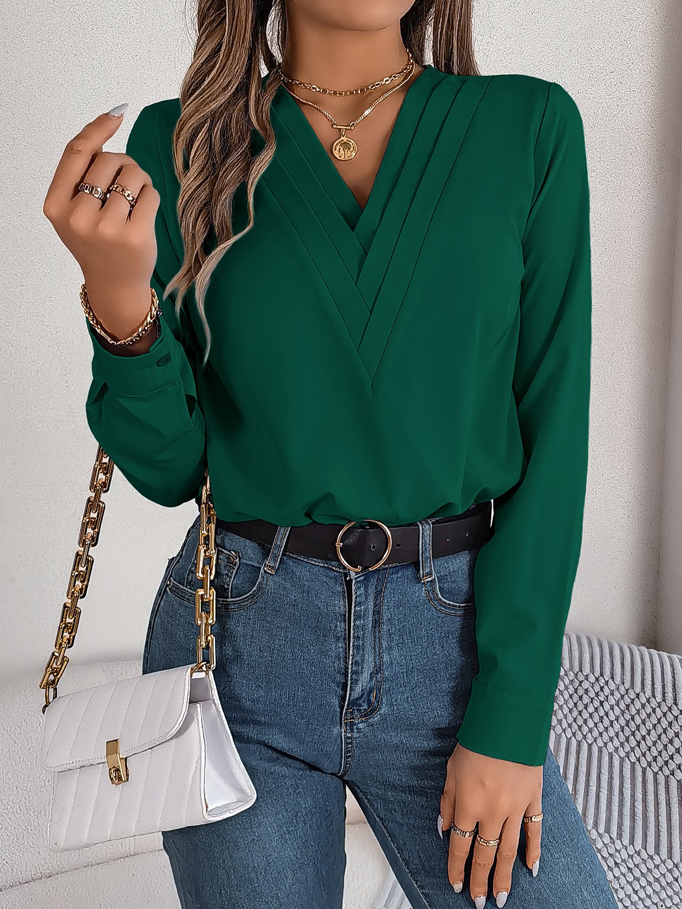 Dark Green V-Neck Long Sleeve Shirt