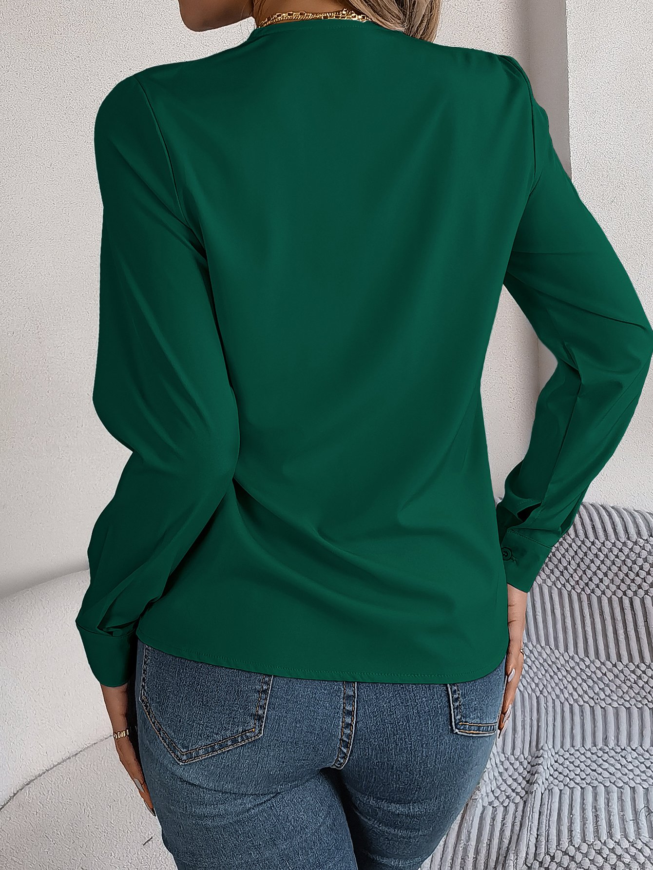 Dark Green V-Neck Long Sleeve Shirt