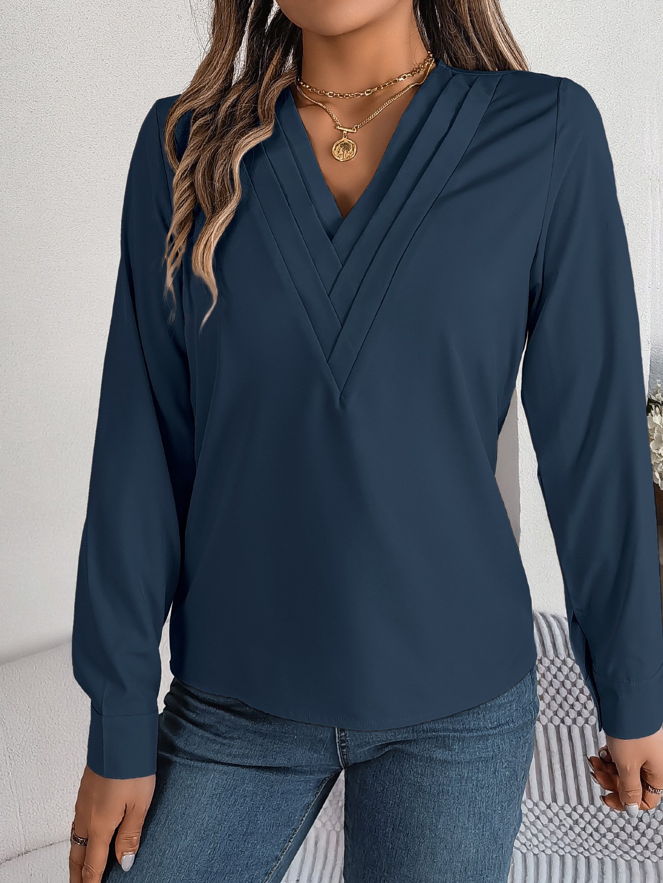 Navy Blue V-Neck Long Sleeve Blouse