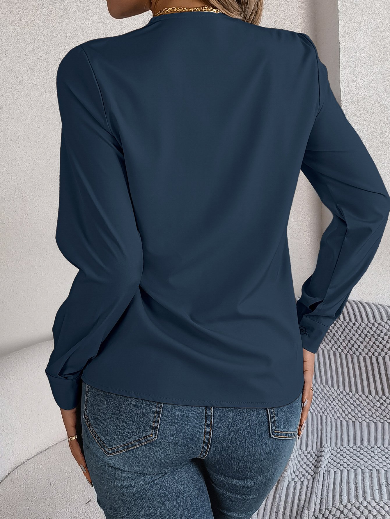 Navy Blue V-Neck Long Sleeve Blouse