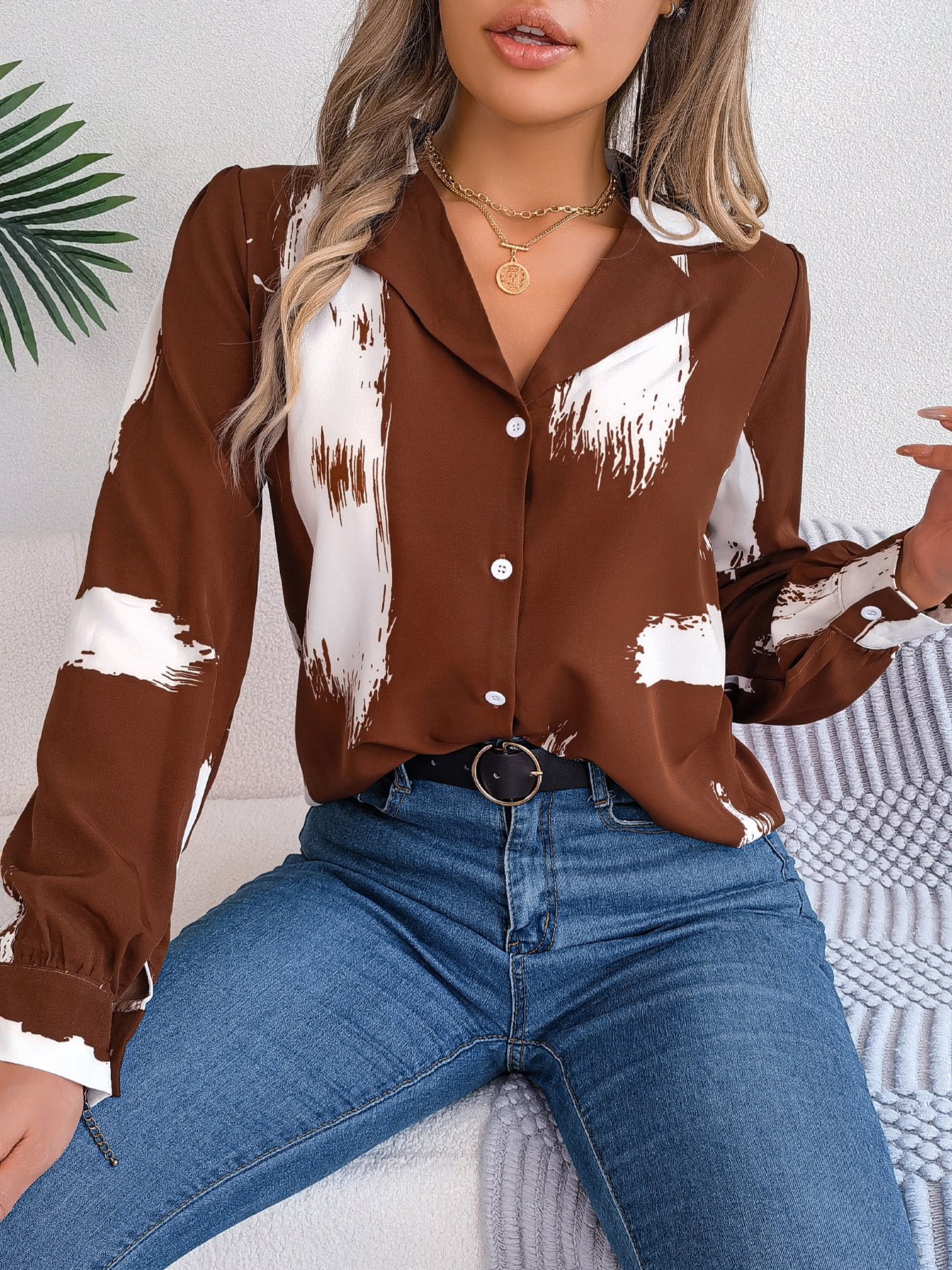 Coffee Brown Abstract Print Regular Fit Shirt