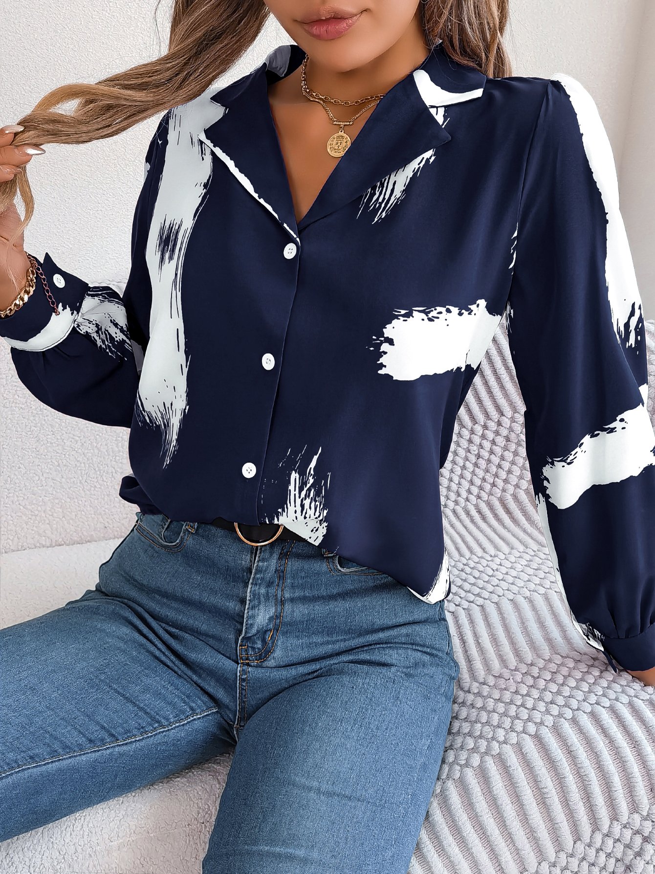 Navy Blue Abstract Print Regular Fit Shirt