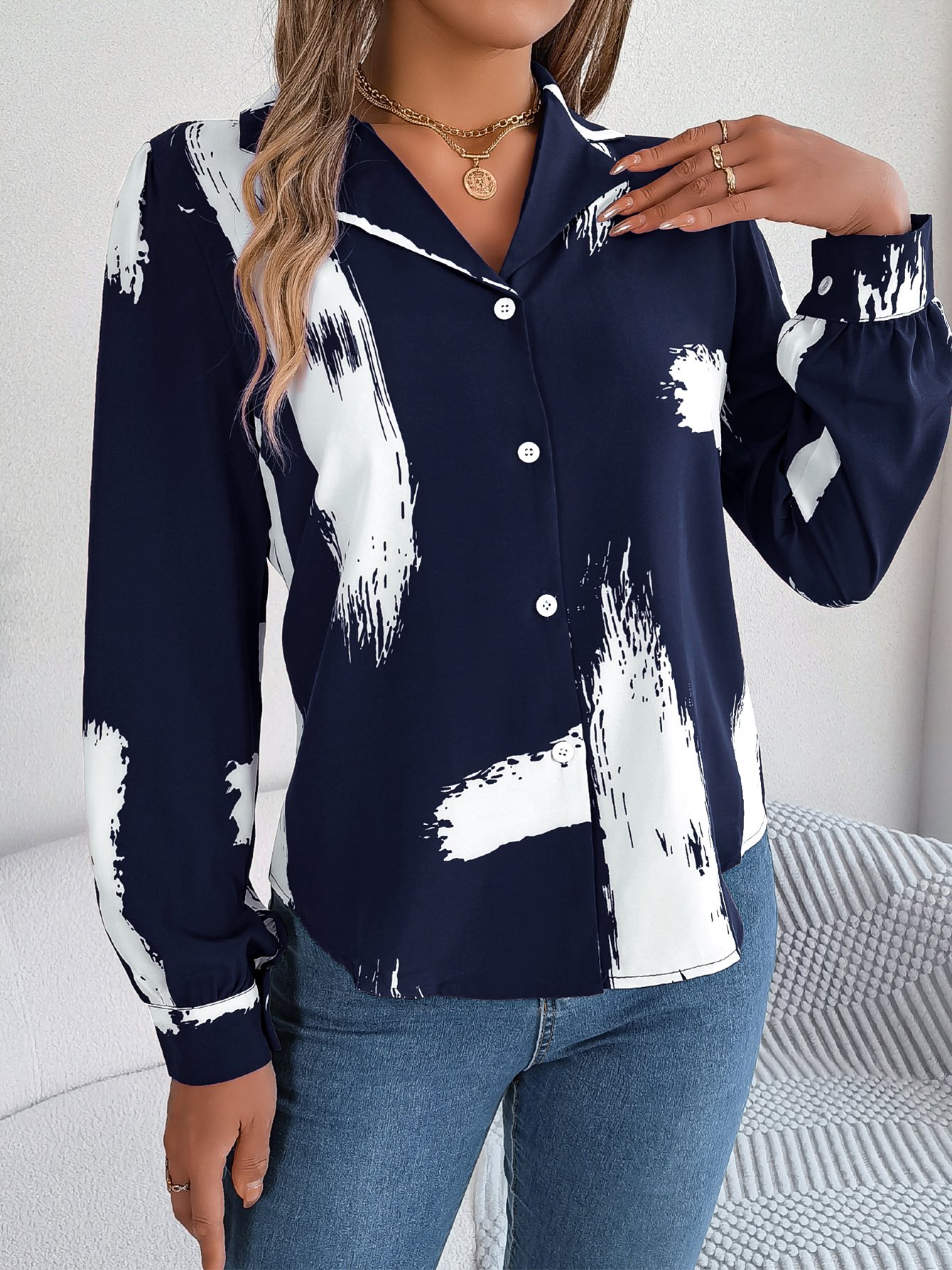 Navy Blue Abstract Print Regular Fit Shirt