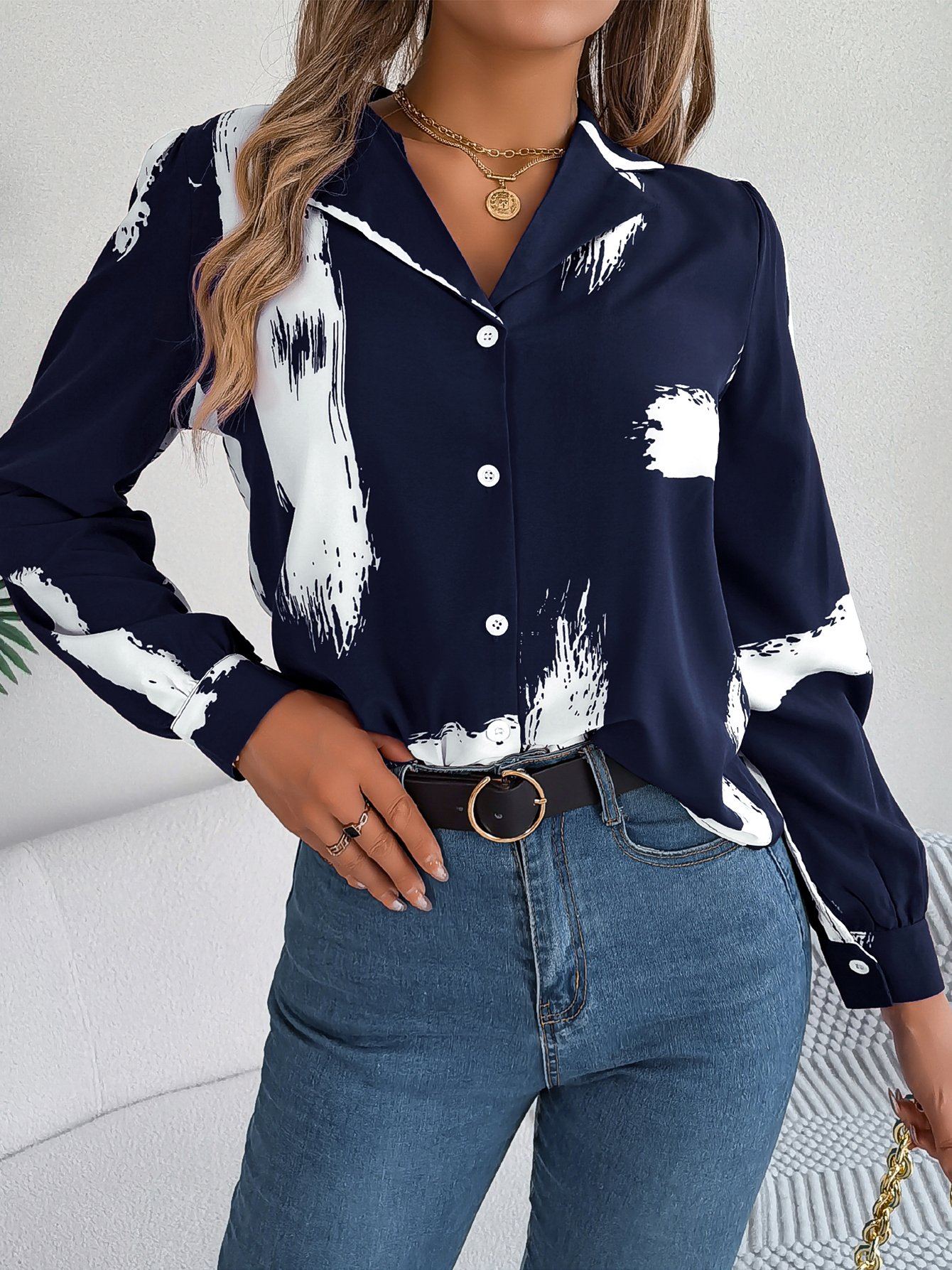 Navy Blue Abstract Print Regular Fit Shirt