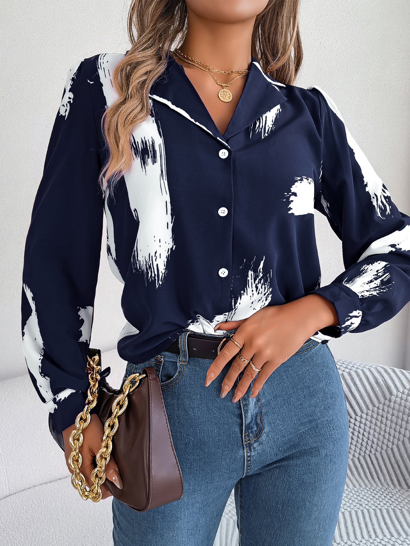Navy Blue Abstract Print Regular Fit Shirt