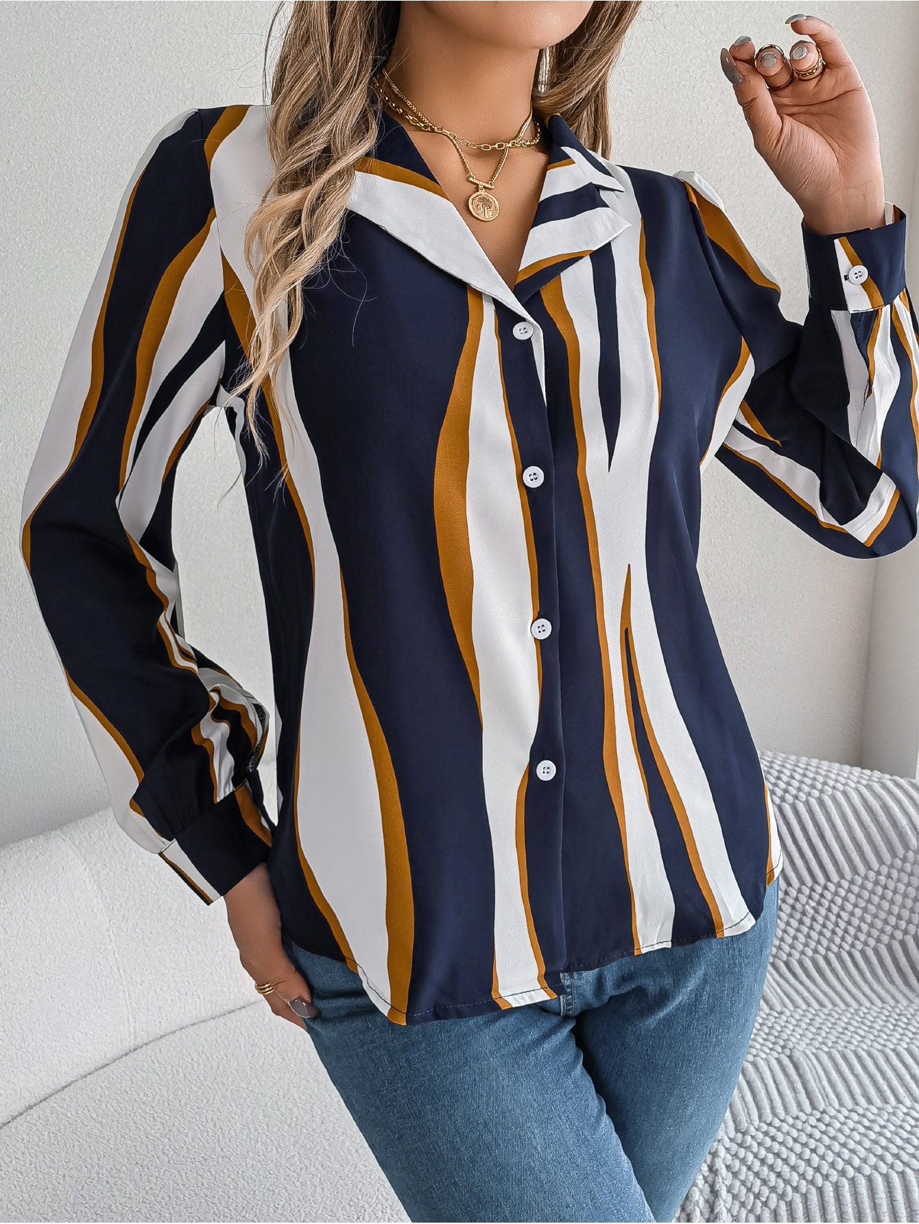 Navy Blue Striped Regular Fit Button-Up Shirt