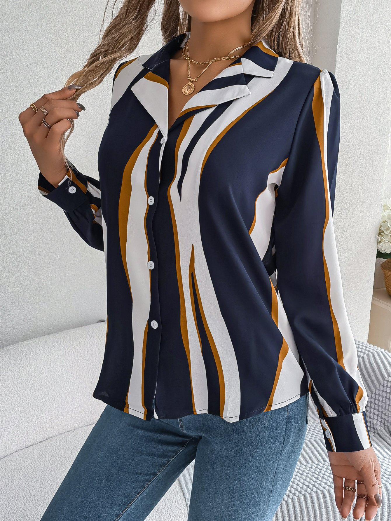 Navy Blue Striped Regular Fit Button-Up Shirt