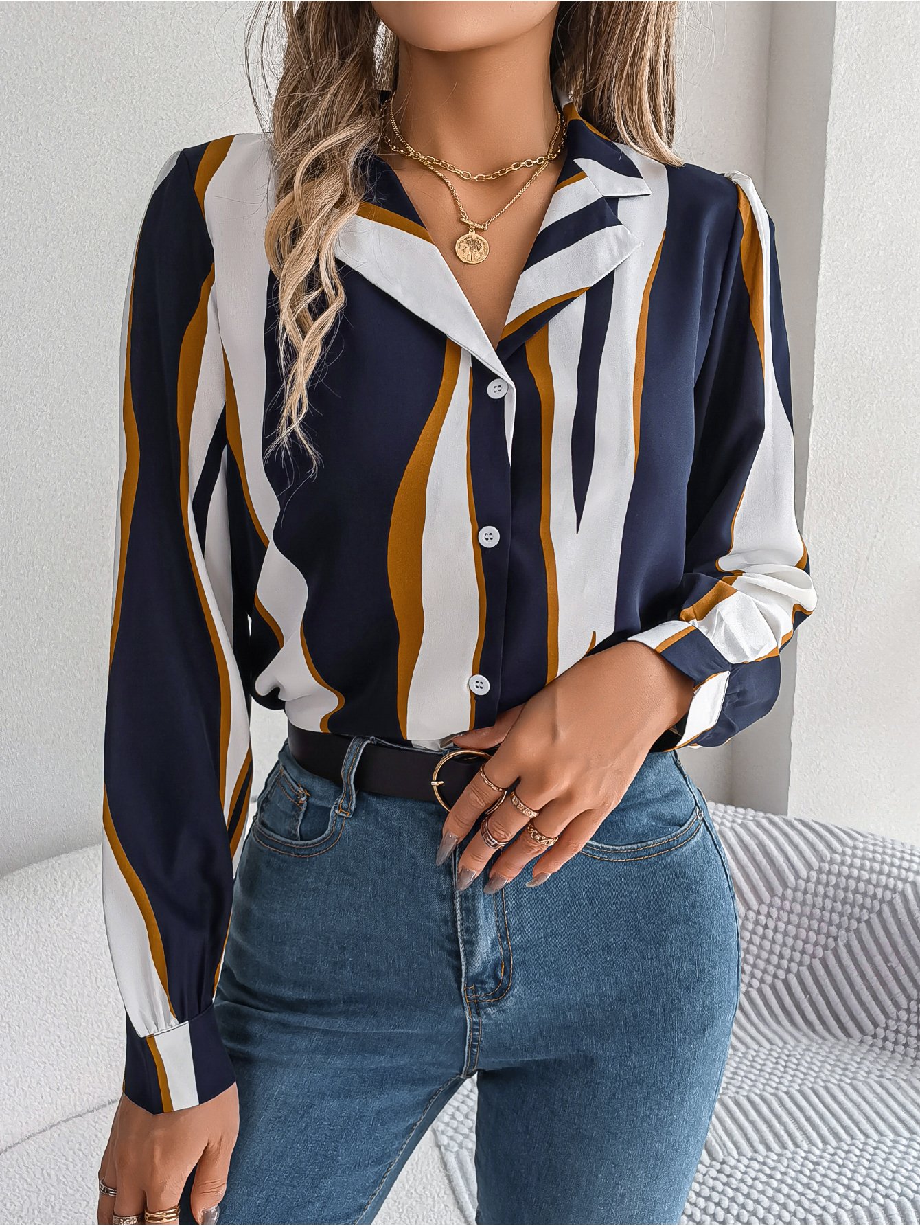 Navy Blue Striped Regular Fit Button-Up Shirt