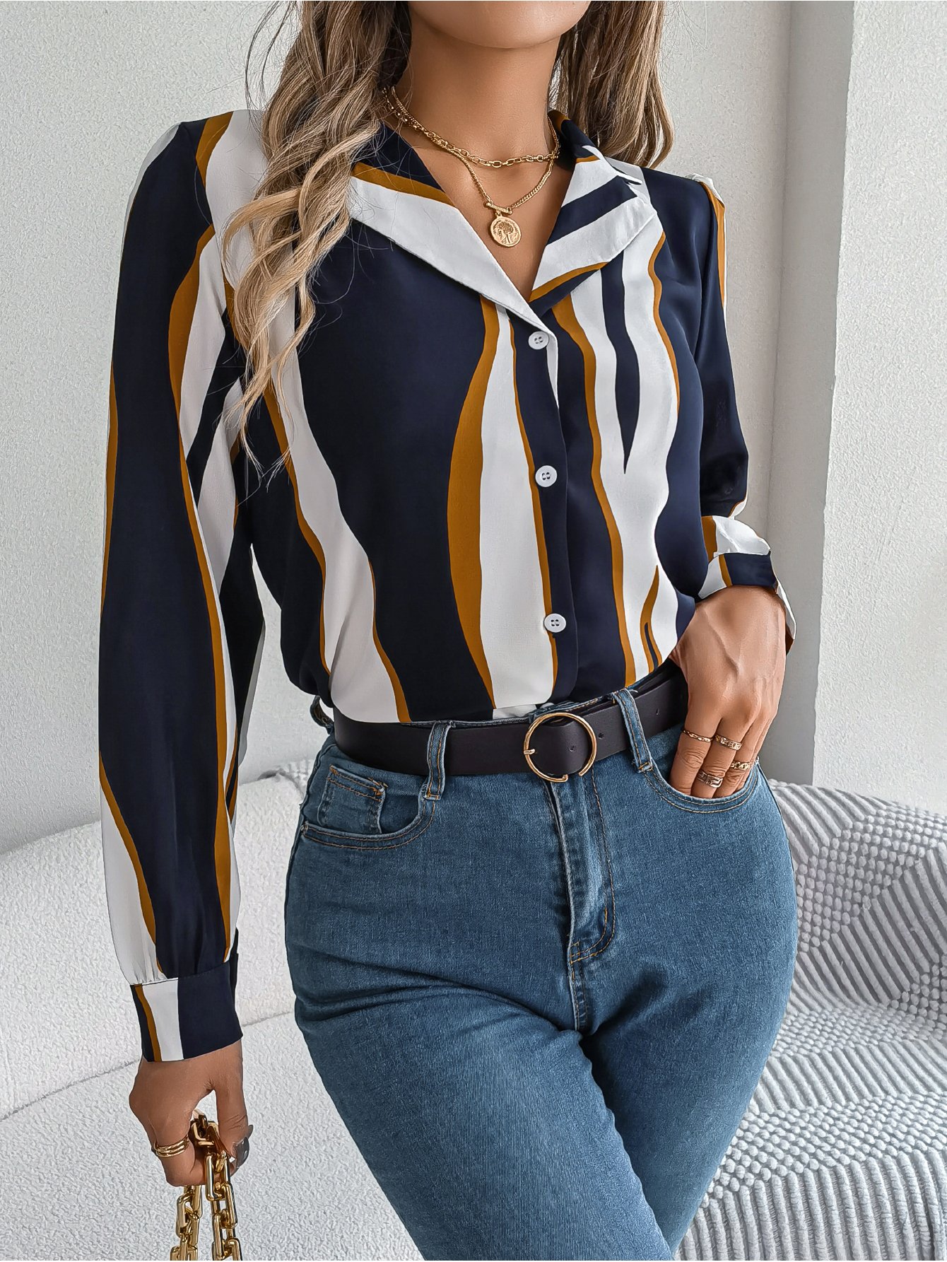 Navy Blue Striped Regular Fit Button-Up Shirt