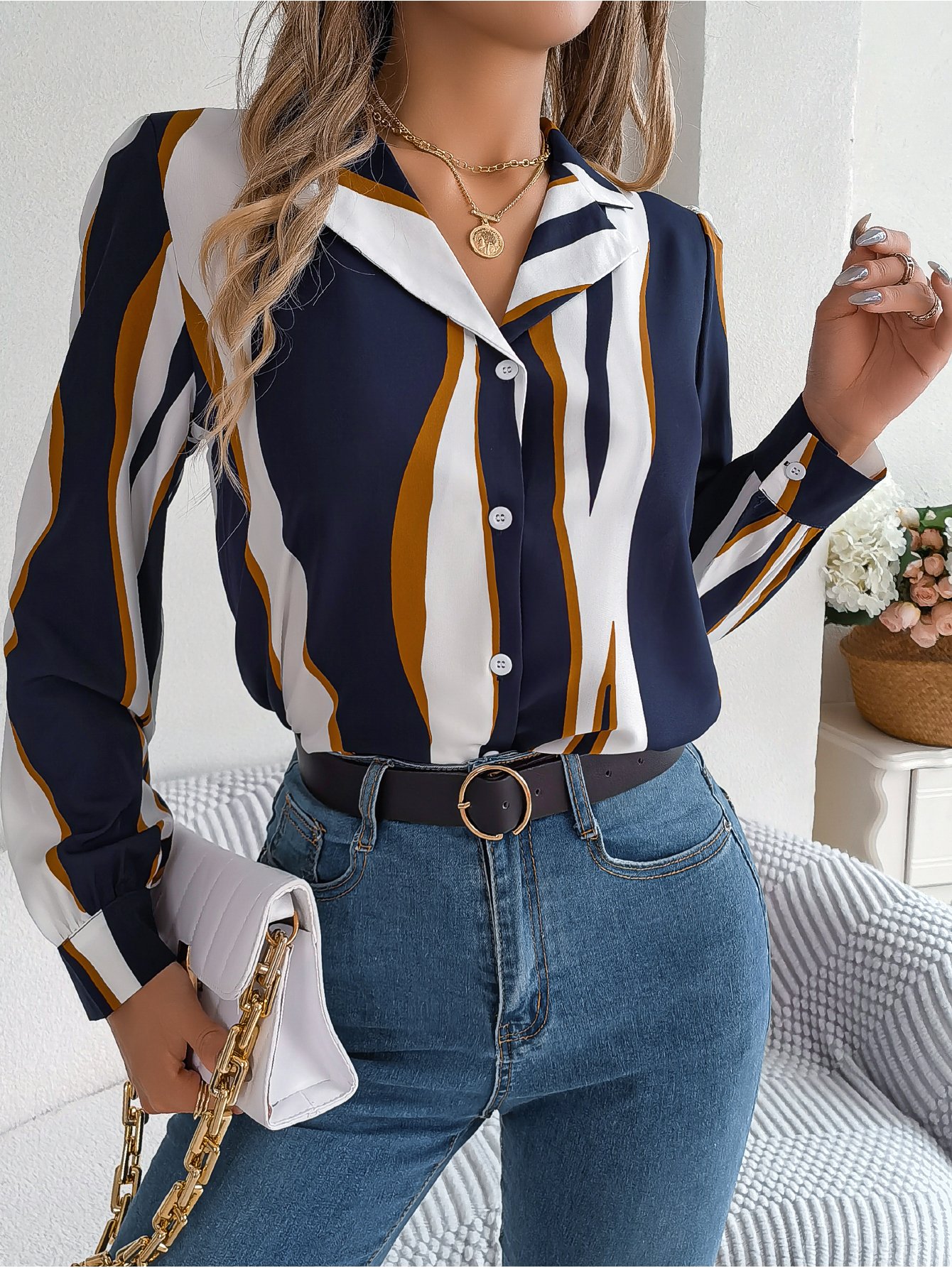 Navy Blue Striped Regular Fit Button-Up Shirt