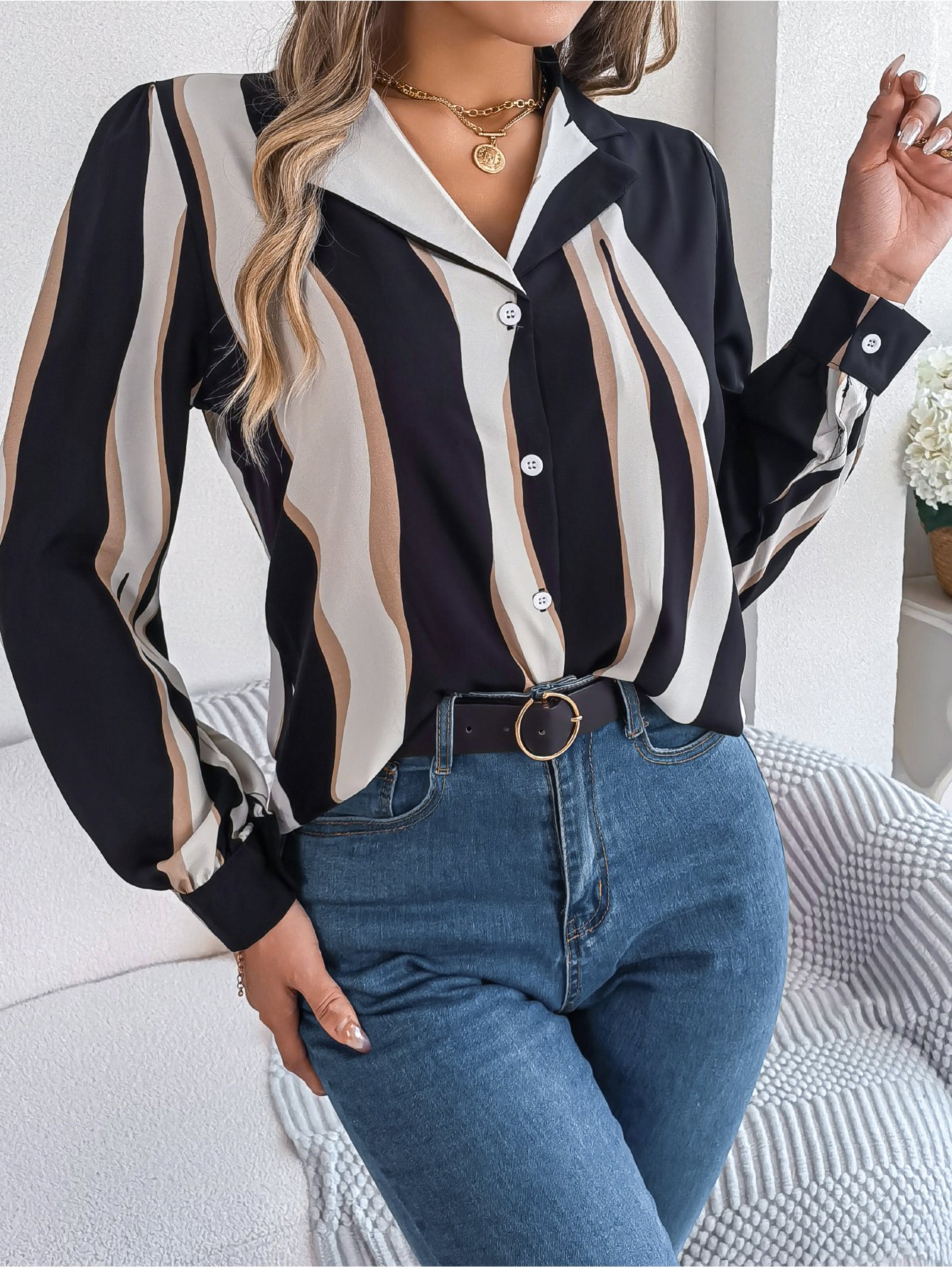Black Striped Long-Sleeve Button-Up Blouse
