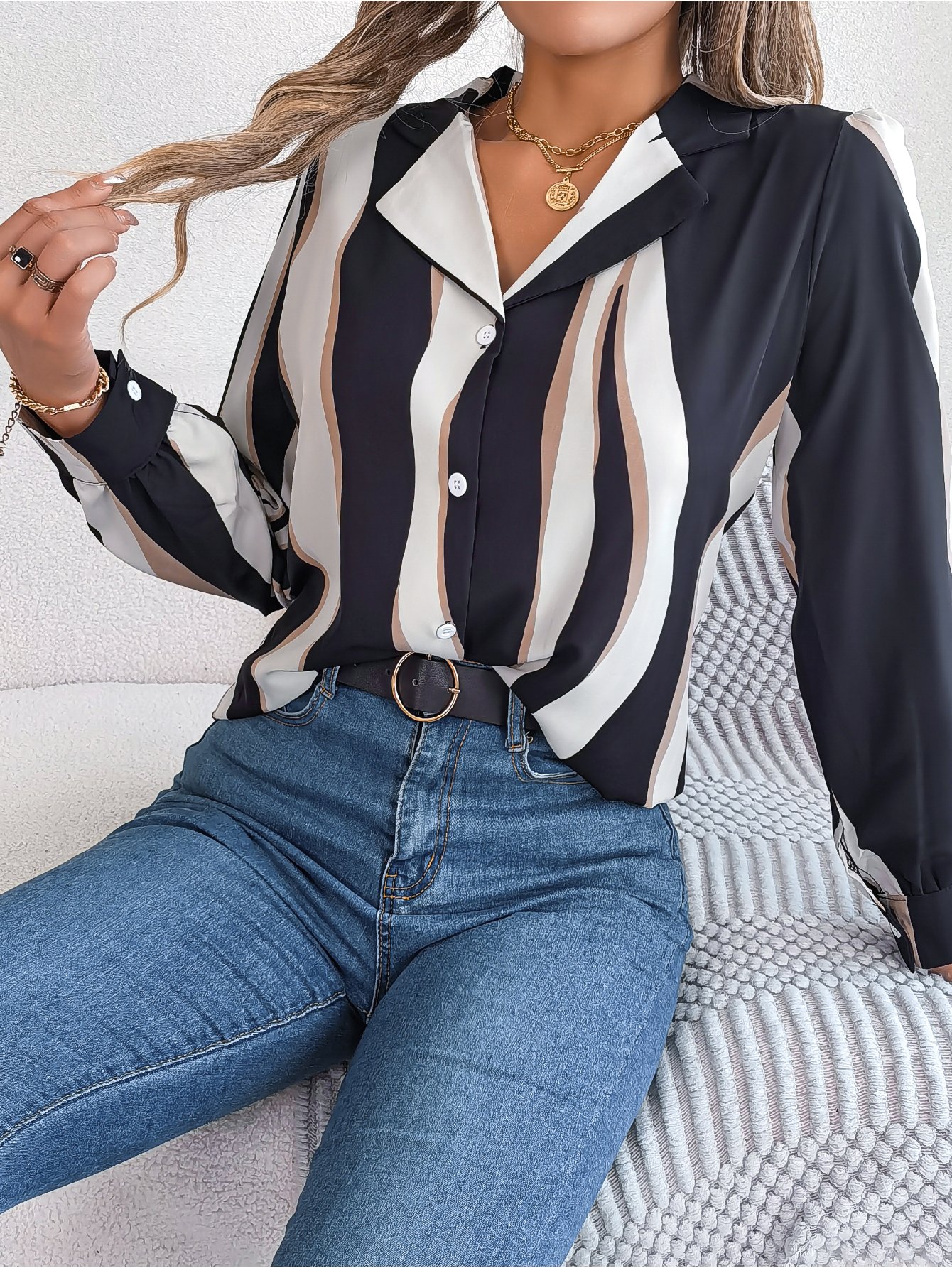 Black Striped Long-Sleeve Button-Up Blouse