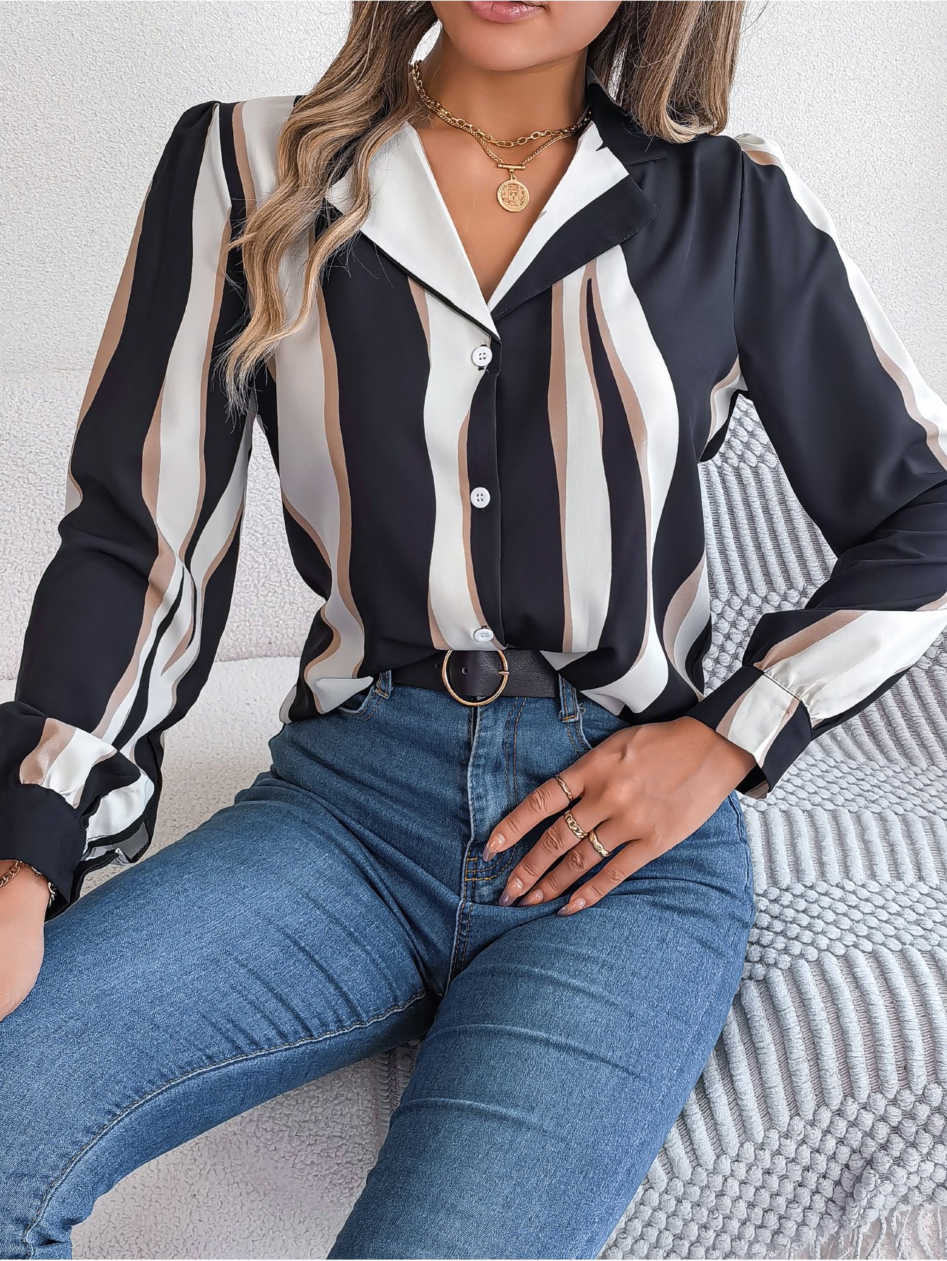 Black Striped Long-Sleeve Button-Up Blouse