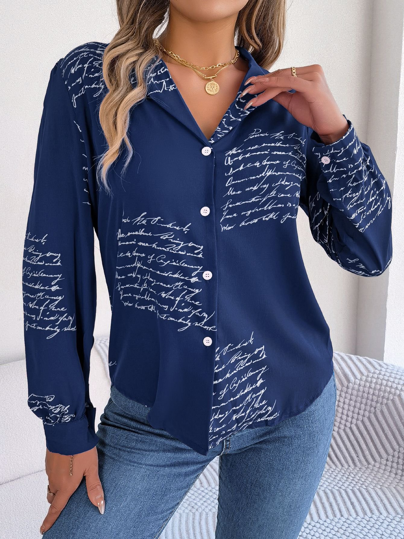 Navy Blue Script Print Regular Fit Shirt