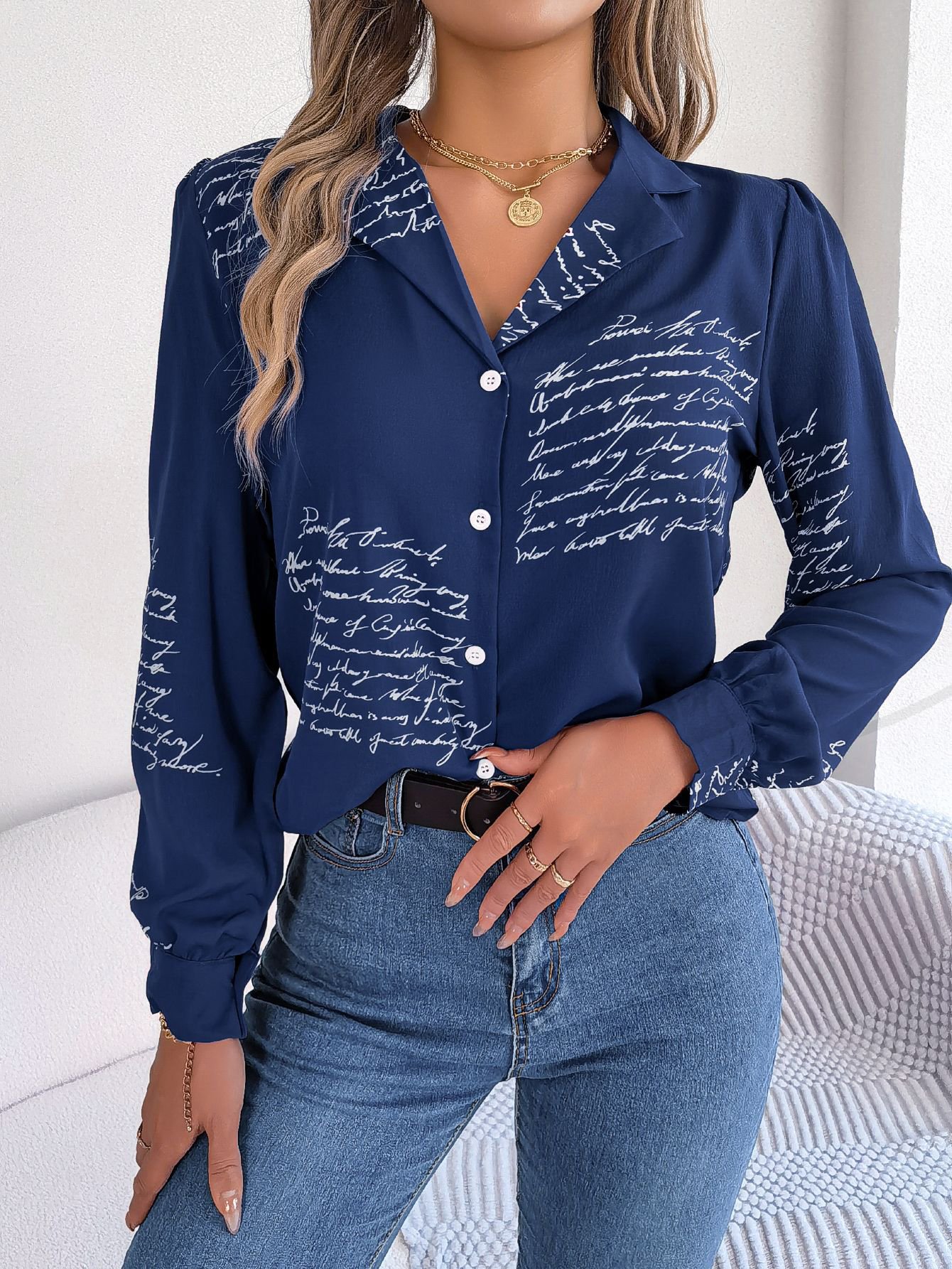 Navy Blue Script Print Regular Fit Shirt