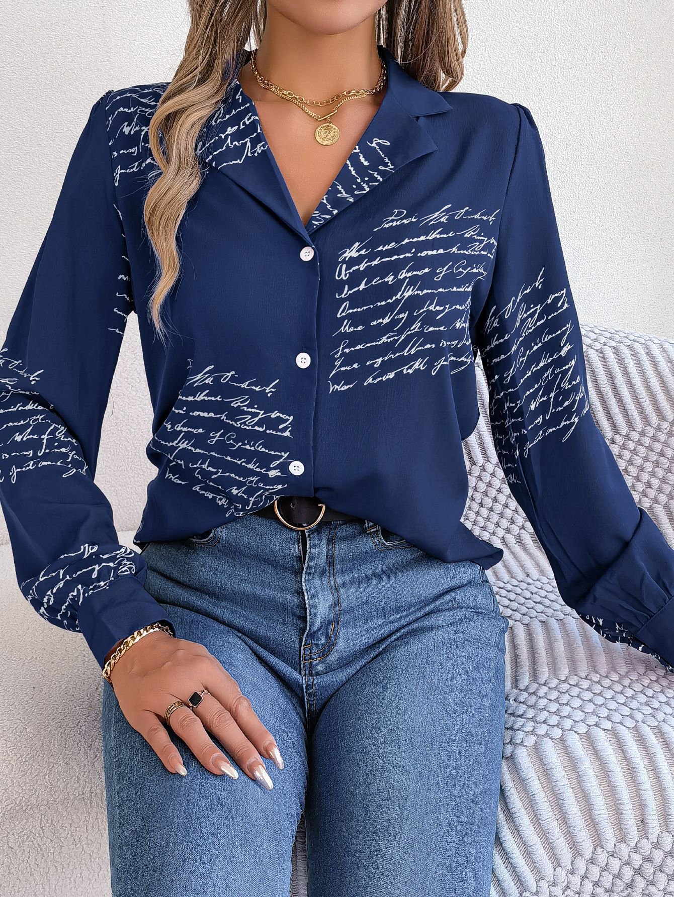 Navy Blue Script Print Regular Fit Shirt