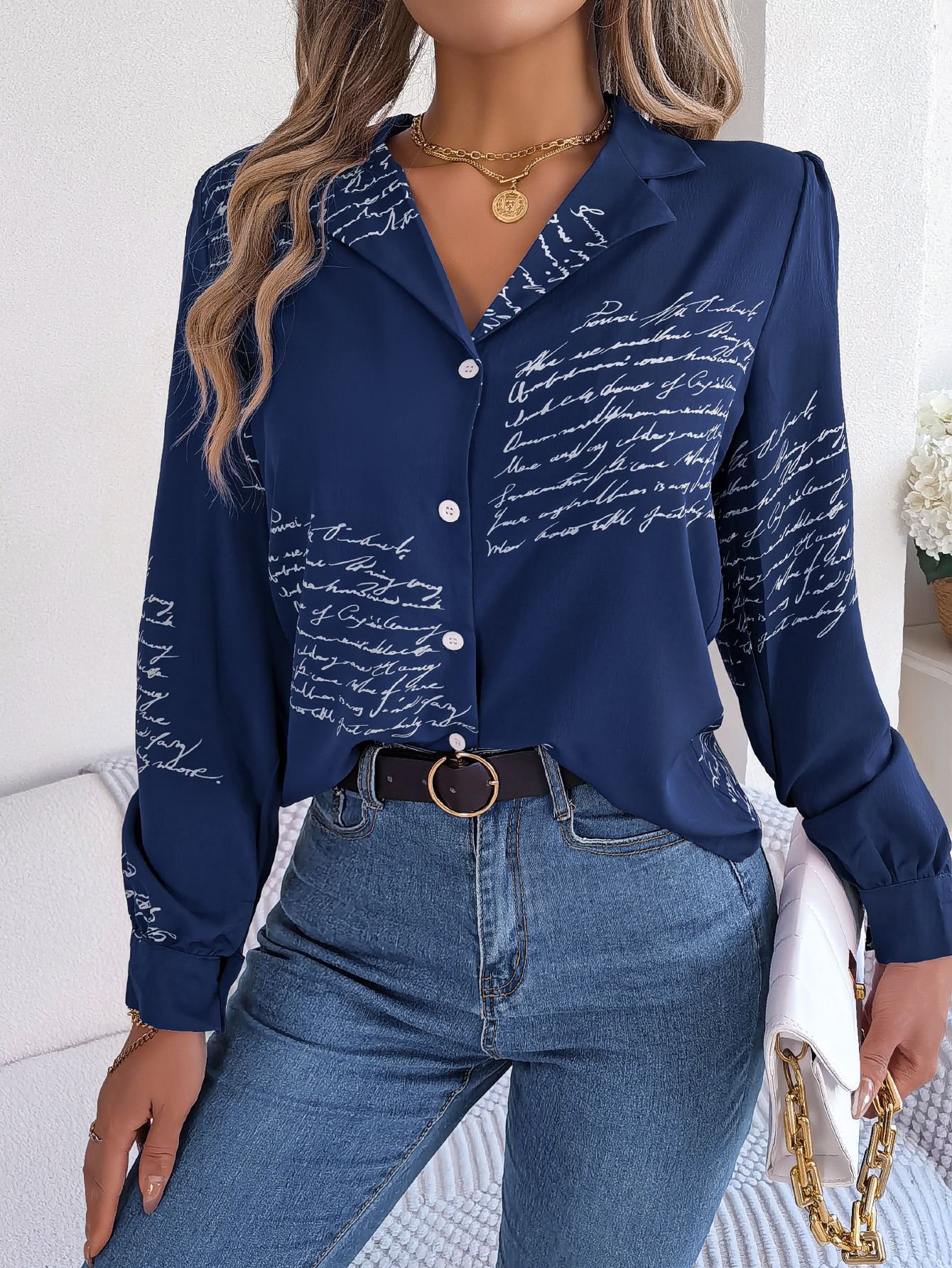 Navy Blue Script Print Regular Fit Shirt