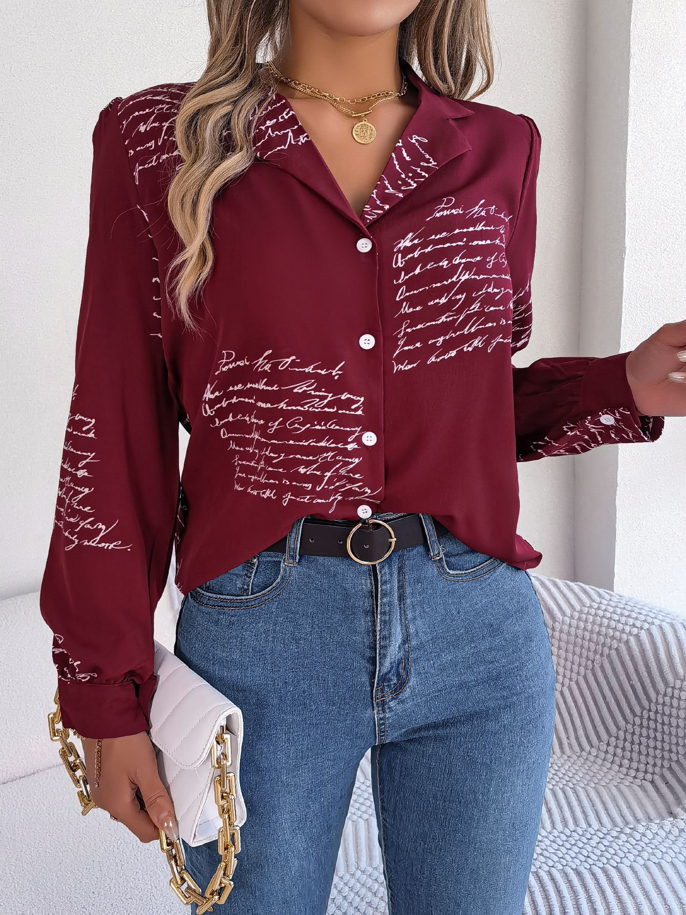 Burgundy Script Print Long-Sleeve Shirt
