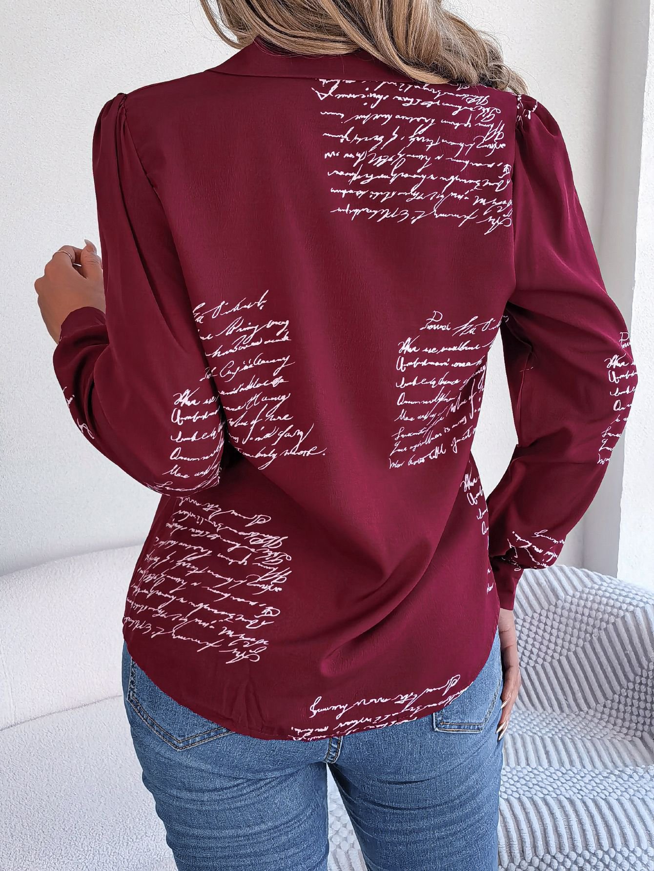 Burgundy Script Print Long-Sleeve Shirt
