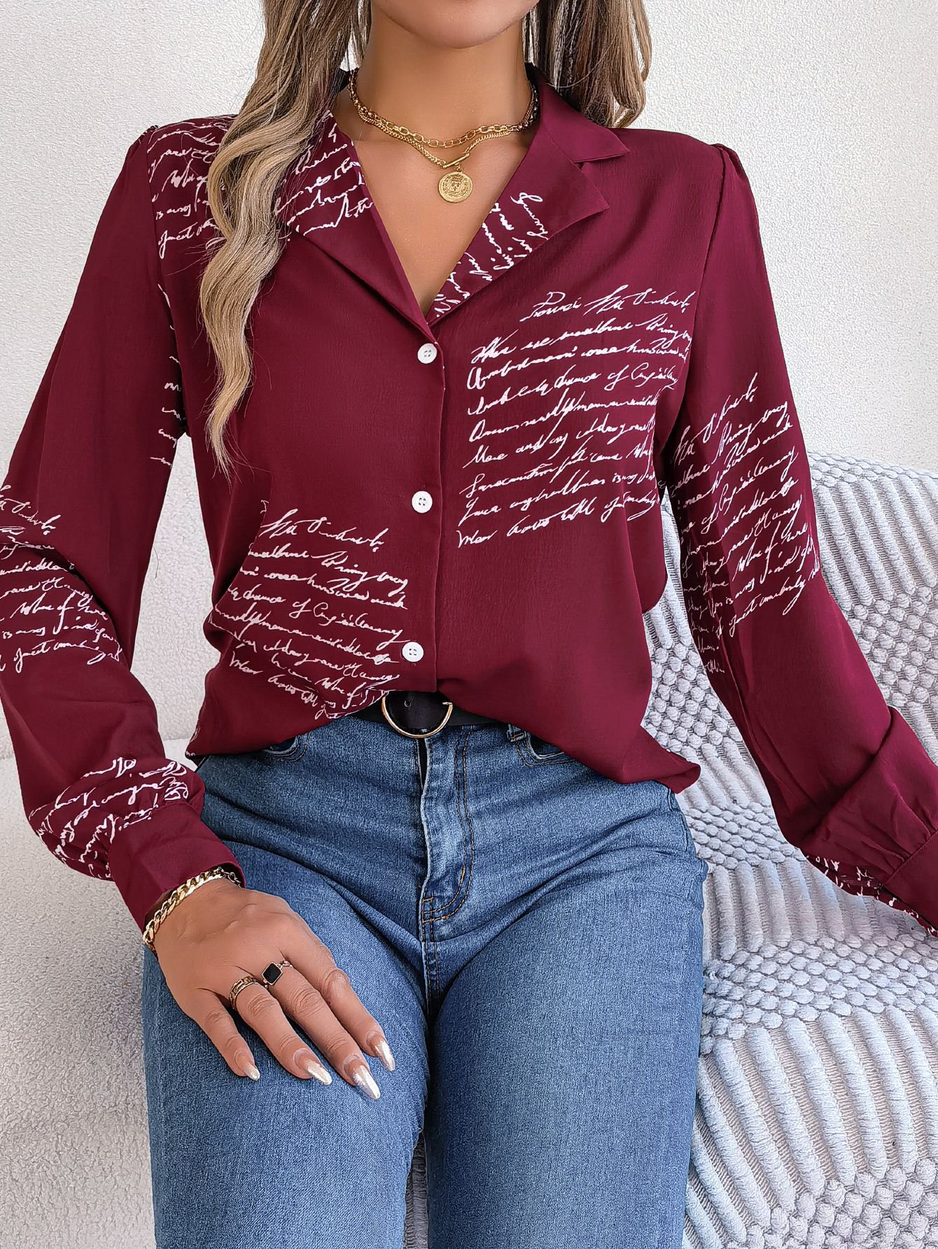 Burgundy Script Print Long-Sleeve Shirt