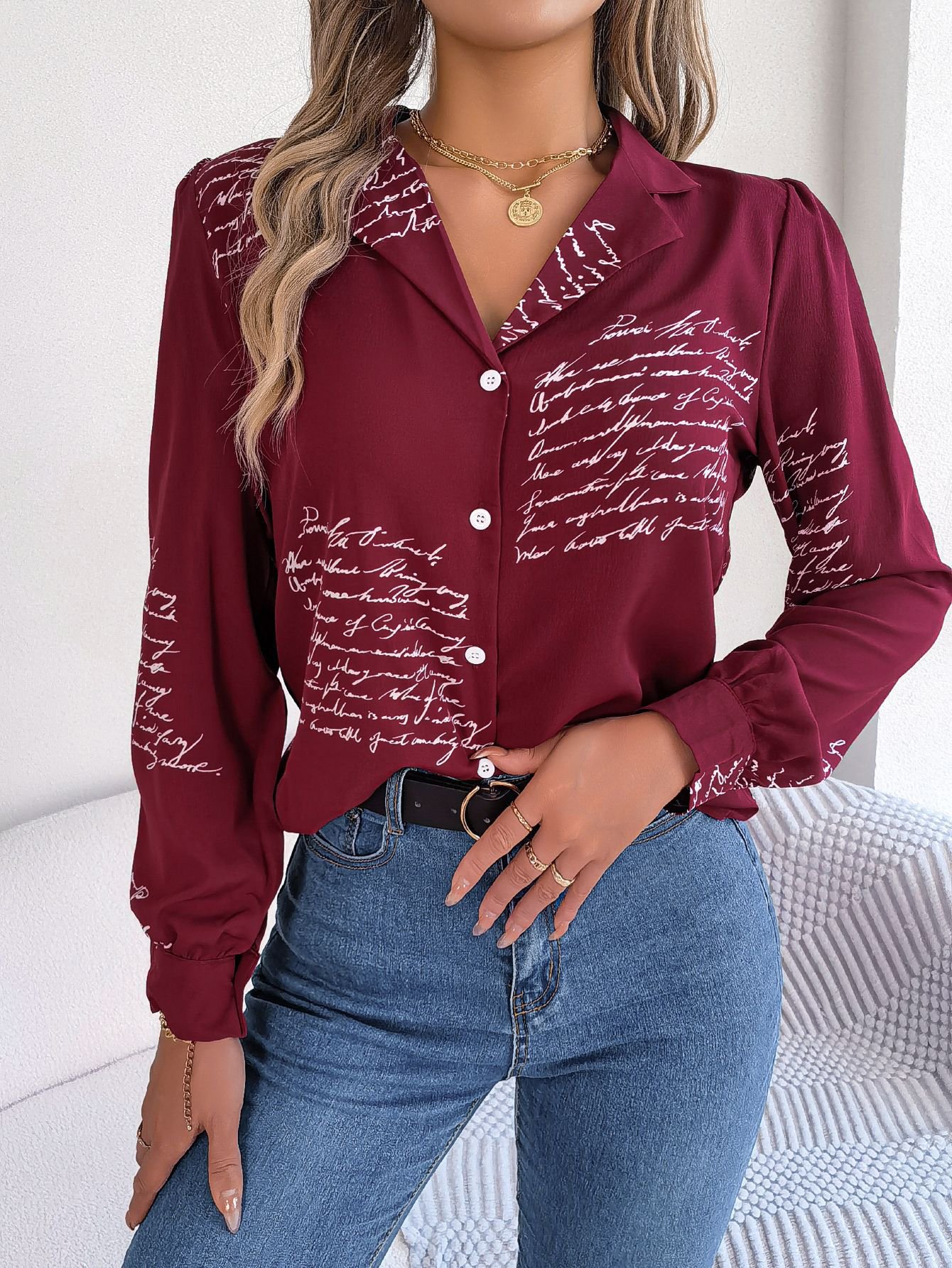 Burgundy Script Print Long-Sleeve Shirt