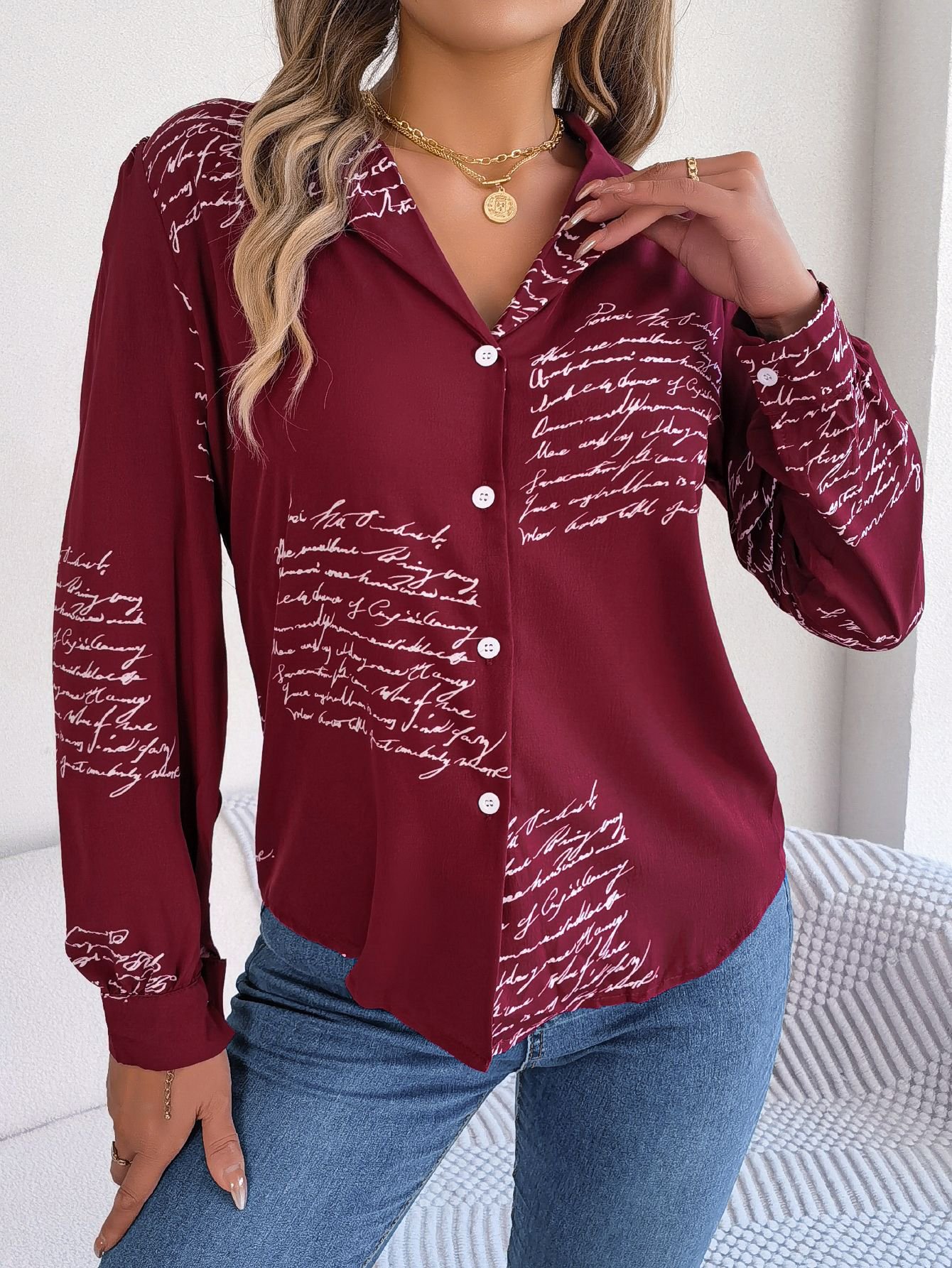 Burgundy Script Print Long-Sleeve Shirt