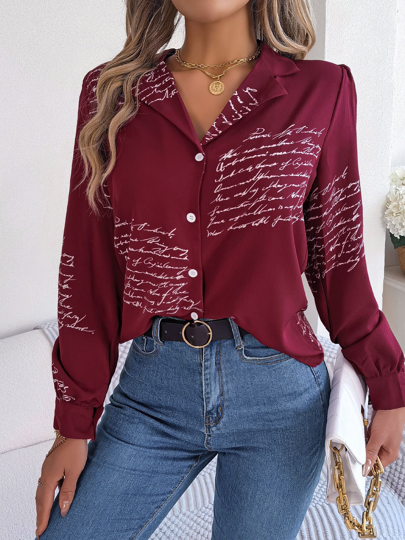 Burgundy Script Print Long-Sleeve Shirt